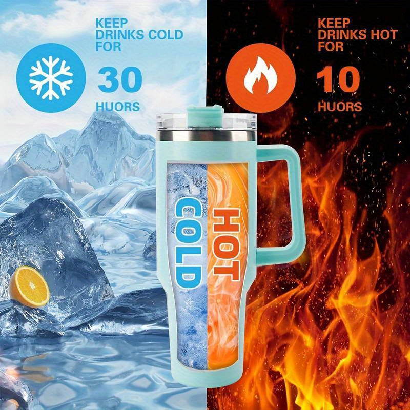 [Personalized Thermos Cup] 40oz Customized Name Thermos Cup | Double Wall Stainless Steel Handle Insulated Coffee Cup, Large Capacity with Lid And Straw, Personalized Gift with First Letter Flower Design, Travel And Office Cu