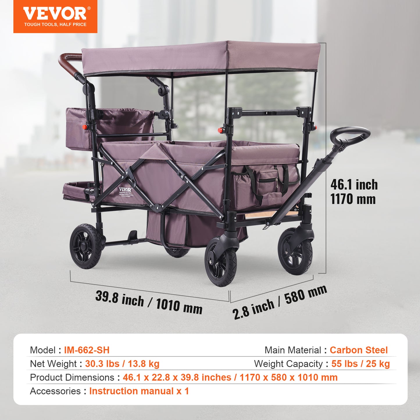 VEVOR Tandem Stroller For 2 Kids Adjustable Handle Canopy