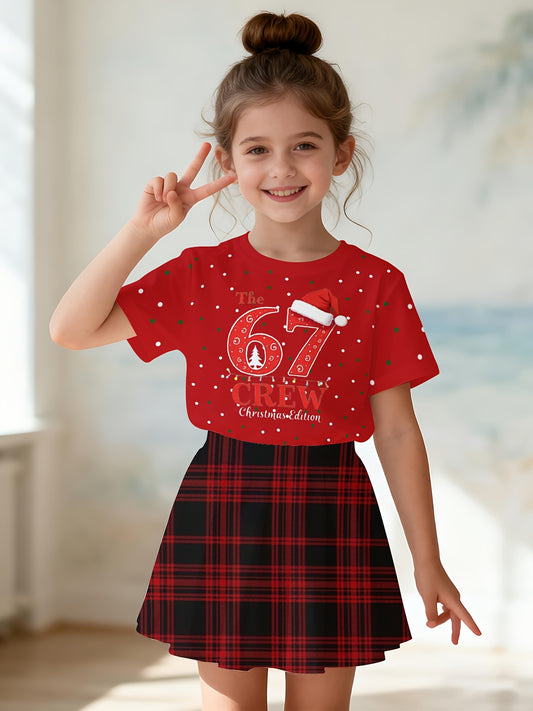 Girls Summer Short Sleeve Short Skirt Two Piece Set, Red and Black Plaid Skirt, Christmas No. 67 Cartoon 3D Printed Round Neck T-Shirt, Summer Set, Suitable for Casual Vacation Party, Suitable for Outdoor Scene Wear