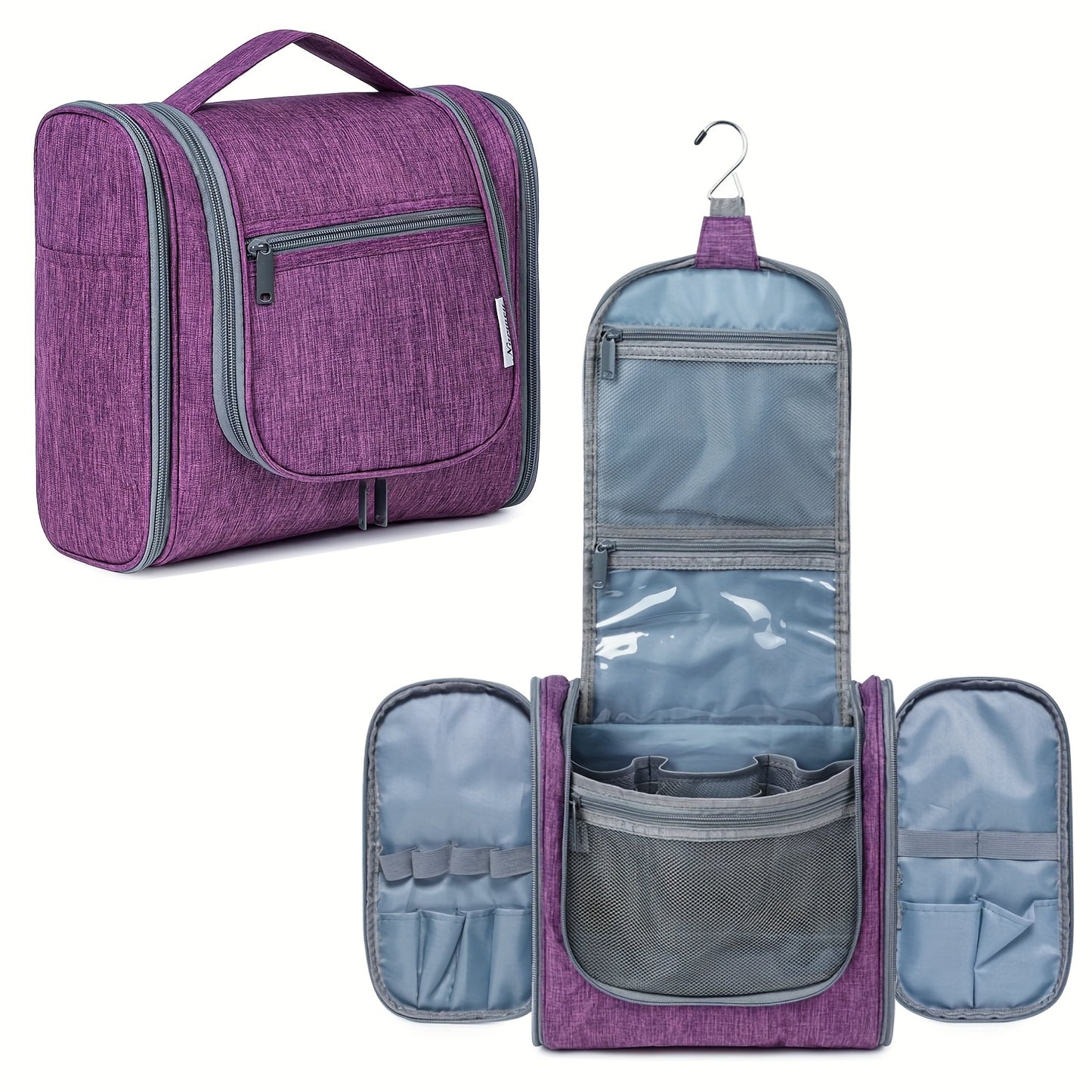 Women's Large Capacity Hanging Toiletry Bag - Travel Cosmetic Organizer with Hanging Hook & Top Handle, Zipper Closure, Lightweight Makeup Case with Multiple Compartments - Elegant Purple, Airport Approved for Carry-On Luggag