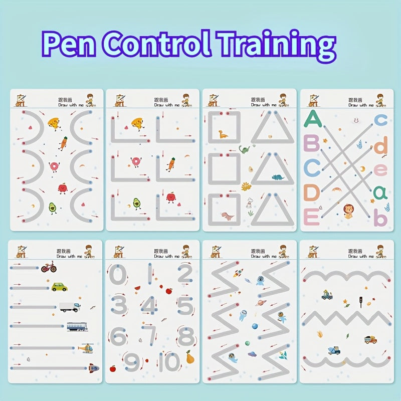 Rewritable Pen Control Training Books for Ages 3-6, 4-in-1 Toddler Writing, 128pages Inclued 10 Pens, Reusable Educational Activity Book with Erasable Function, Rewritable Training Set Preschool, Educational Gift, Birthday Pr