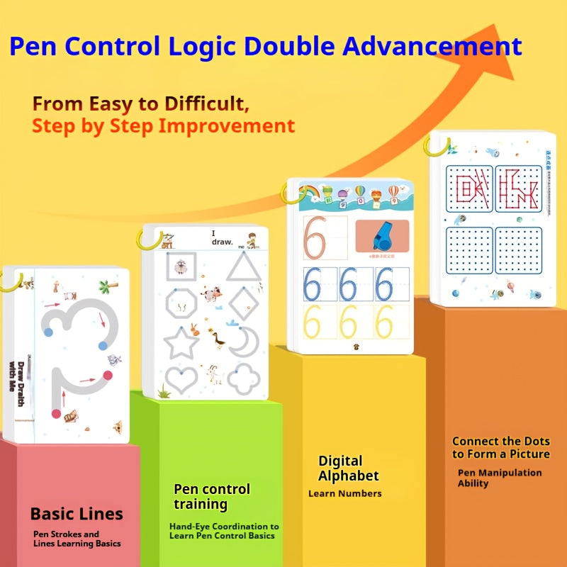 Rewritable Pen Control Training Books for Ages 3-6, 4-in-1 Toddler Writing, 128pages Inclued 10 Pens, Reusable Educational Activity Book with Erasable Function, Rewritable Training Set Preschool, Educational Gift, Birthday Pr