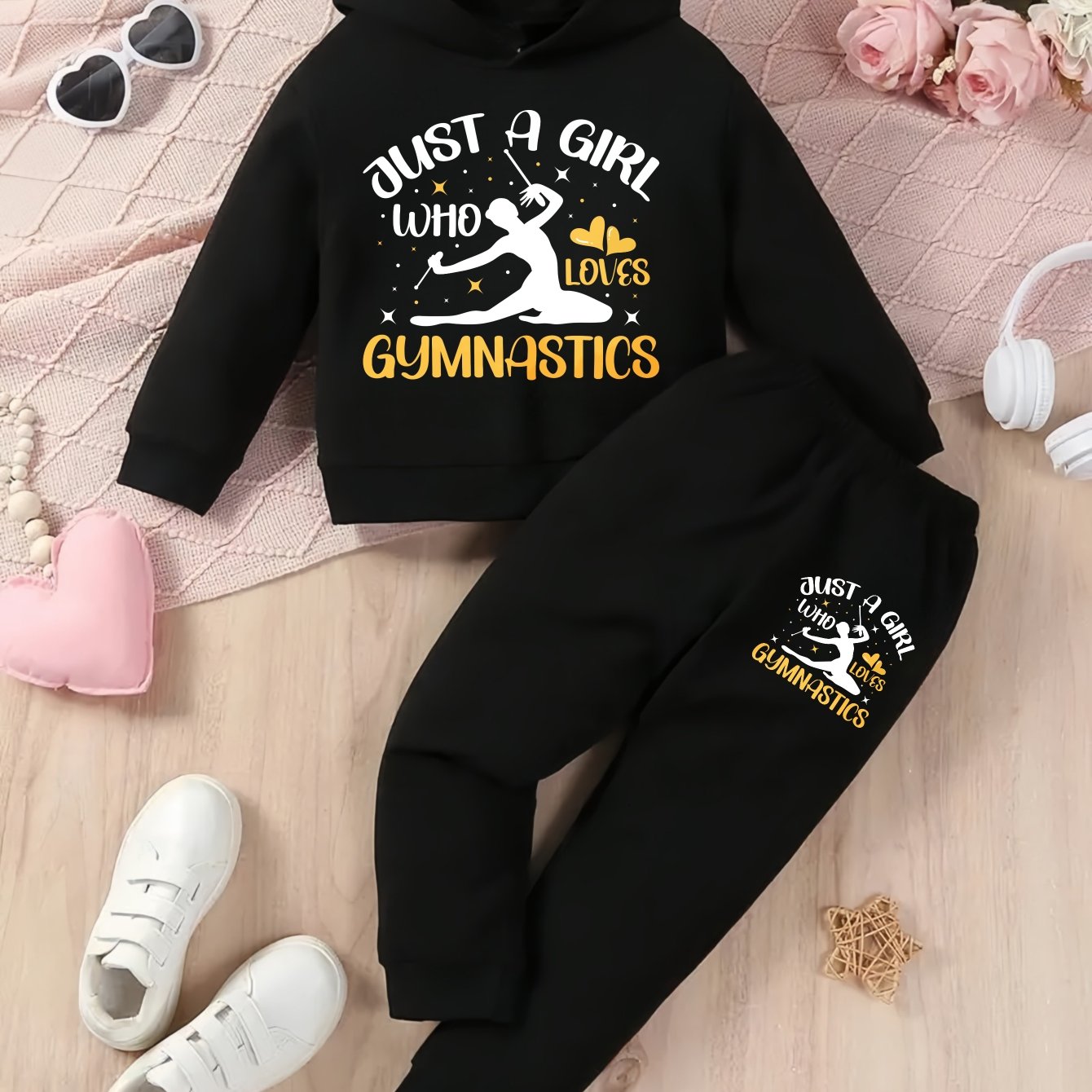 Girls Hoodie and Pants Set Black Just A Girl Who Loves Gymnastics Print Casual Outfit for Gymnastics Practice and Daily Wear, Perfect for Outdoor