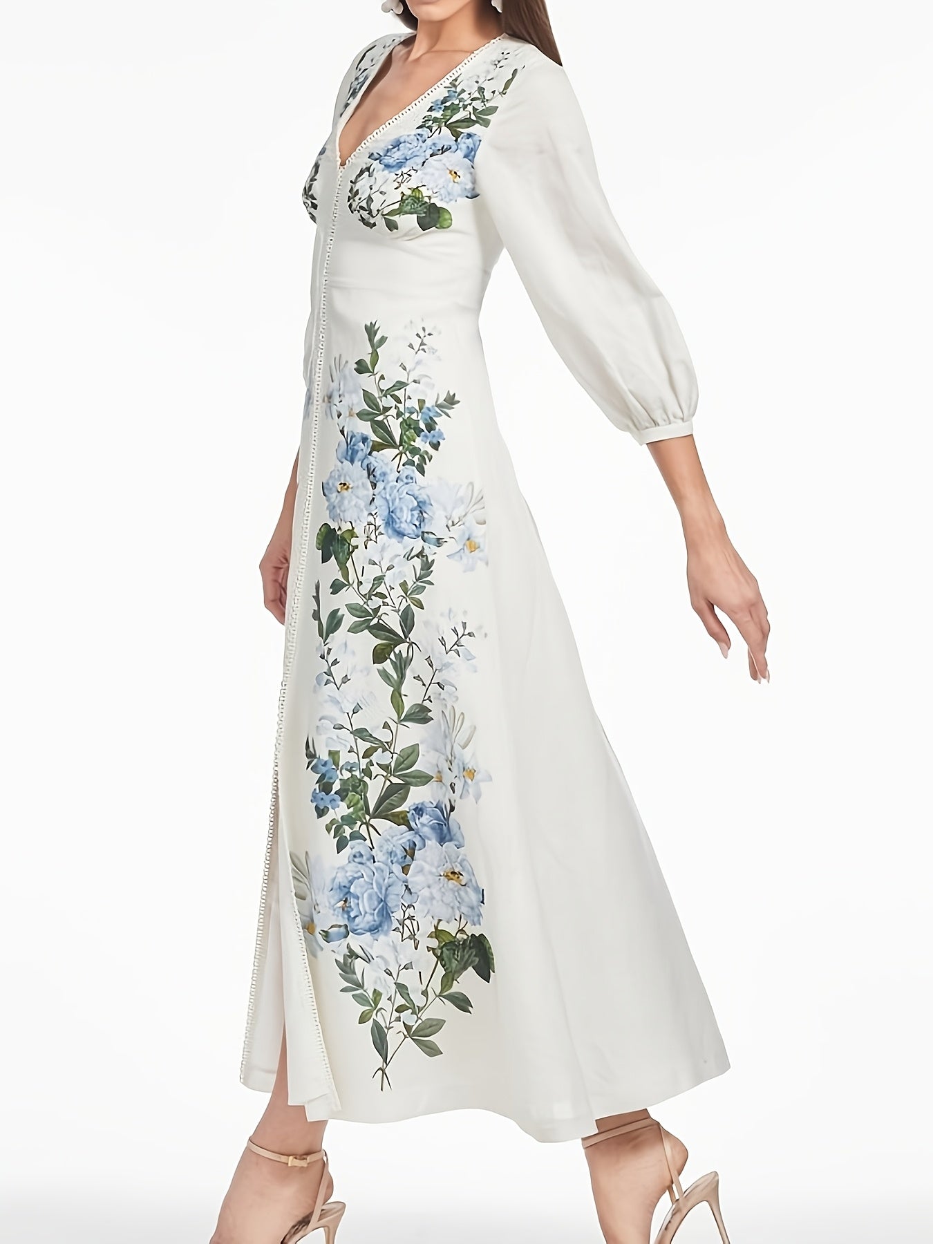 Women's V-neck Floral Print Lantern Sleeve Dress with Slit And Fitted Waist, Stylish And Elegant Midi Dress Suitable for Both Work And Parties.