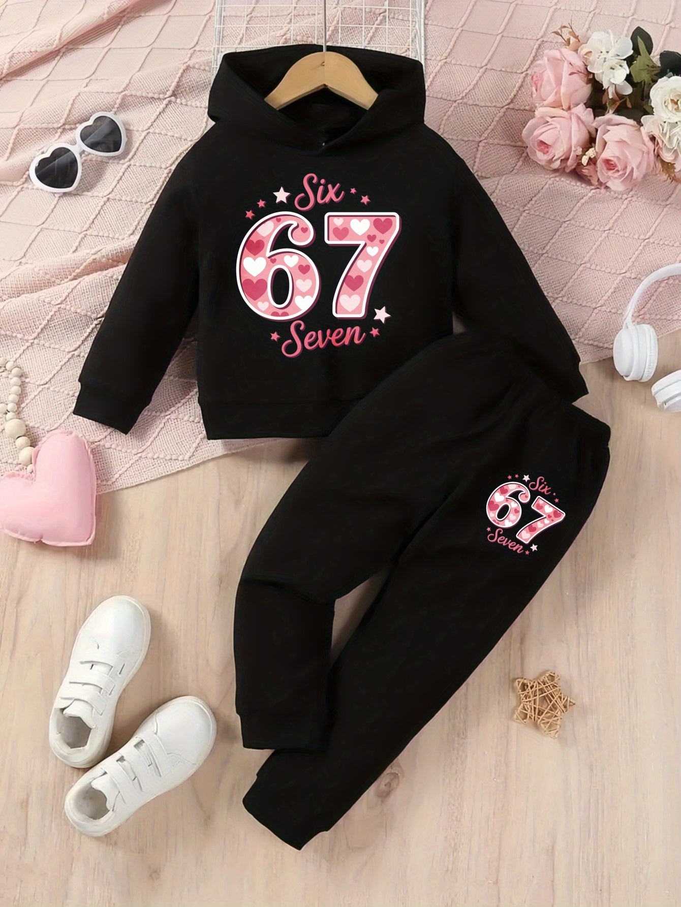 Girls Hoodie and Pants Set | Black Six 67 Seven Pink Heart Print Casual Outfit for Everyday Wear, Fall/Winter, Sweatshirt and Sweatpants, Long Sleeve, Medium Stretch Fabric, for Outdoor