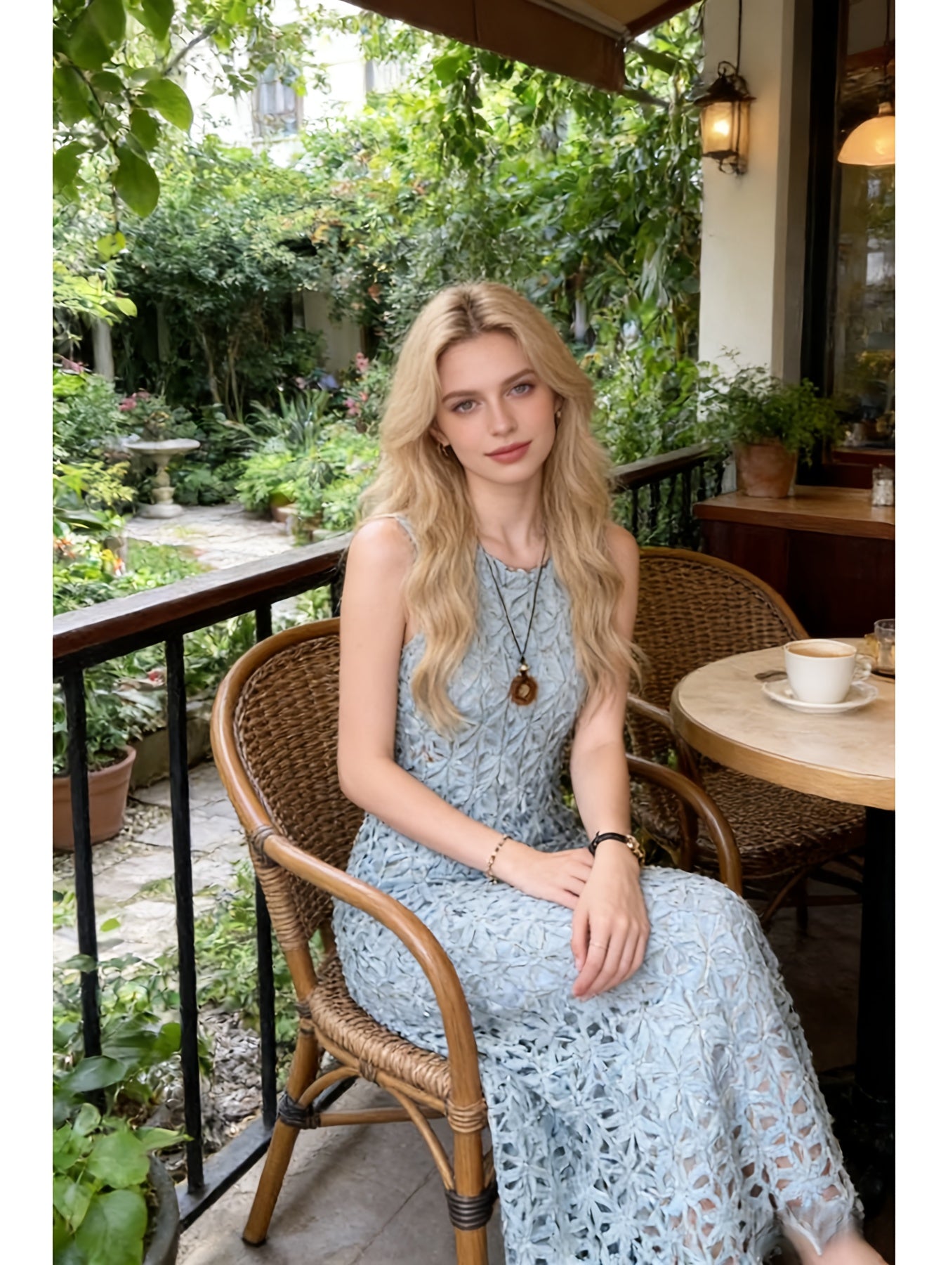 Mint Green Summer Heavy Industry Three-dimensional Floral Hollow-out Dress | Women'S French Gentle Style Temperament Sleeveless Long Dress, Crew Neck, Fit and Flare, Elegant Solid Color Pattern