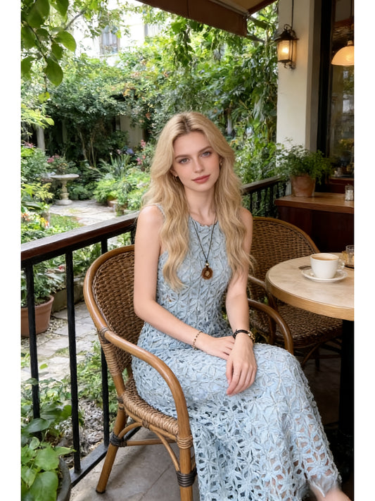 Mint Green Summer Heavy Industry Three-dimensional Floral Hollow-out Dress | Women'S French Gentle Style Temperament Sleeveless Long Dress, Crew Neck, Fit and Flare, Elegant Solid Color Pattern