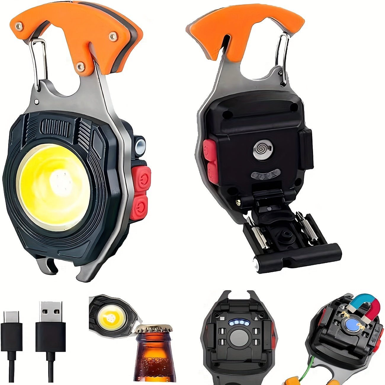 Keychain Flashlight Multitool with Lighter Rechargeable COB LED USB C Charging 500 Lumen 500m Range Tactical EDC Camping