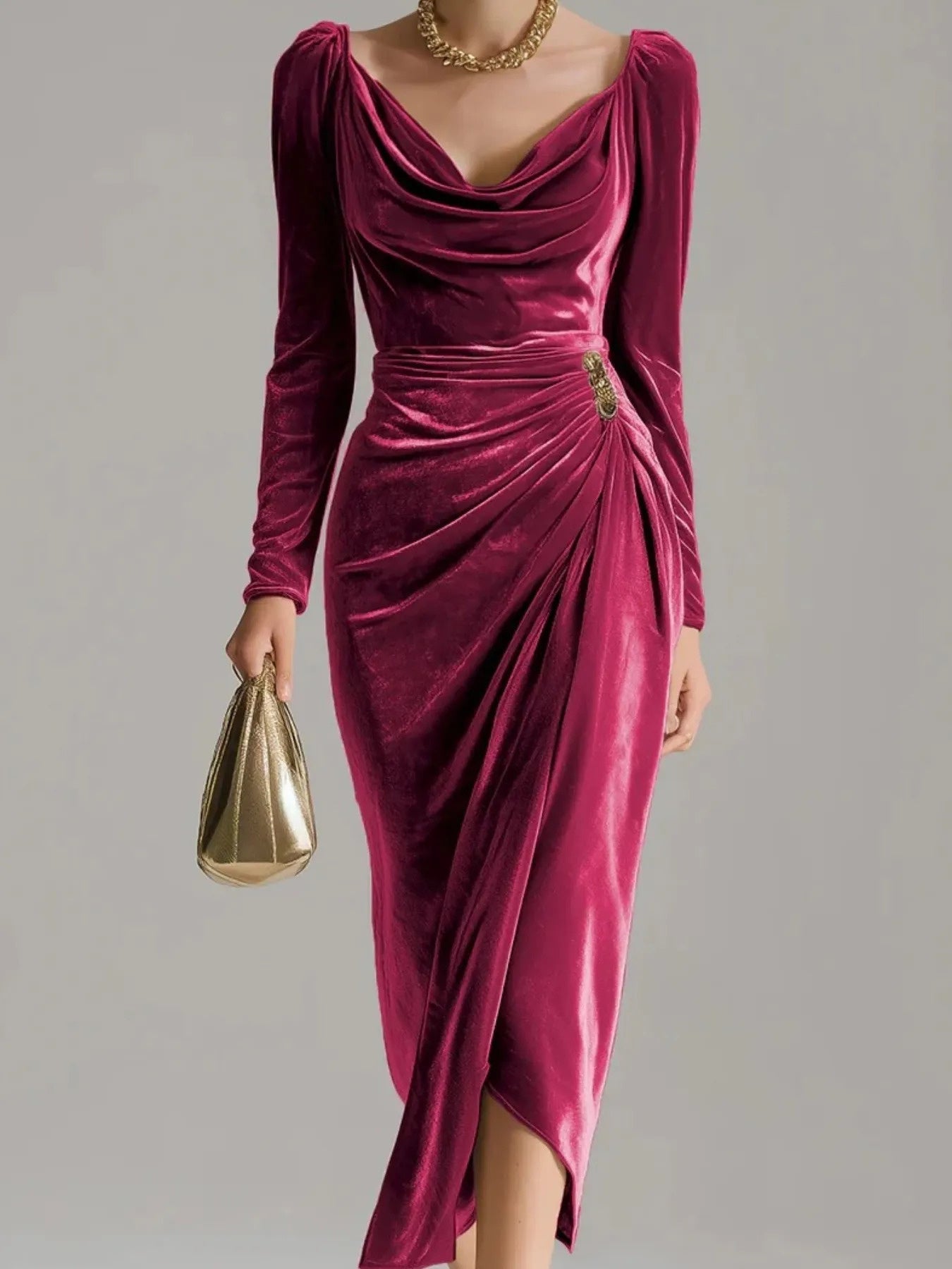 Socato ' Elegant -Neck Sleeve Slit Bodycon Dress with Pleated train - Solid Color Wedding Guest Gown, Prom Dress, Dress - Non-Stretch Pencil for special Occasions (Hand Wash/Dry)