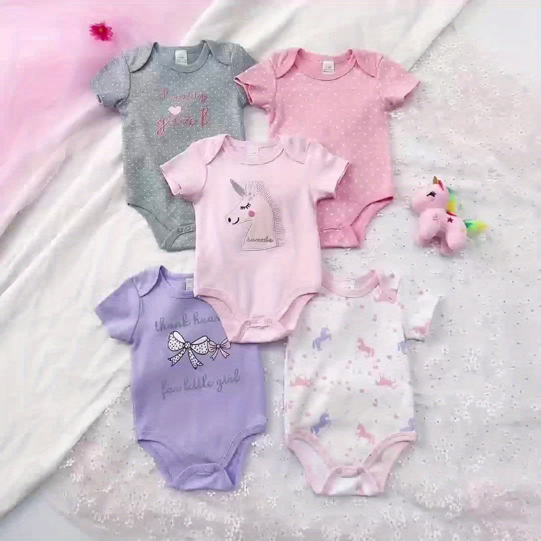5 Piece Set Baby Girl Cartoon Triangle Onesie Crawling Suit All Season Cotton Machine Washable Cute Outdoor Wear