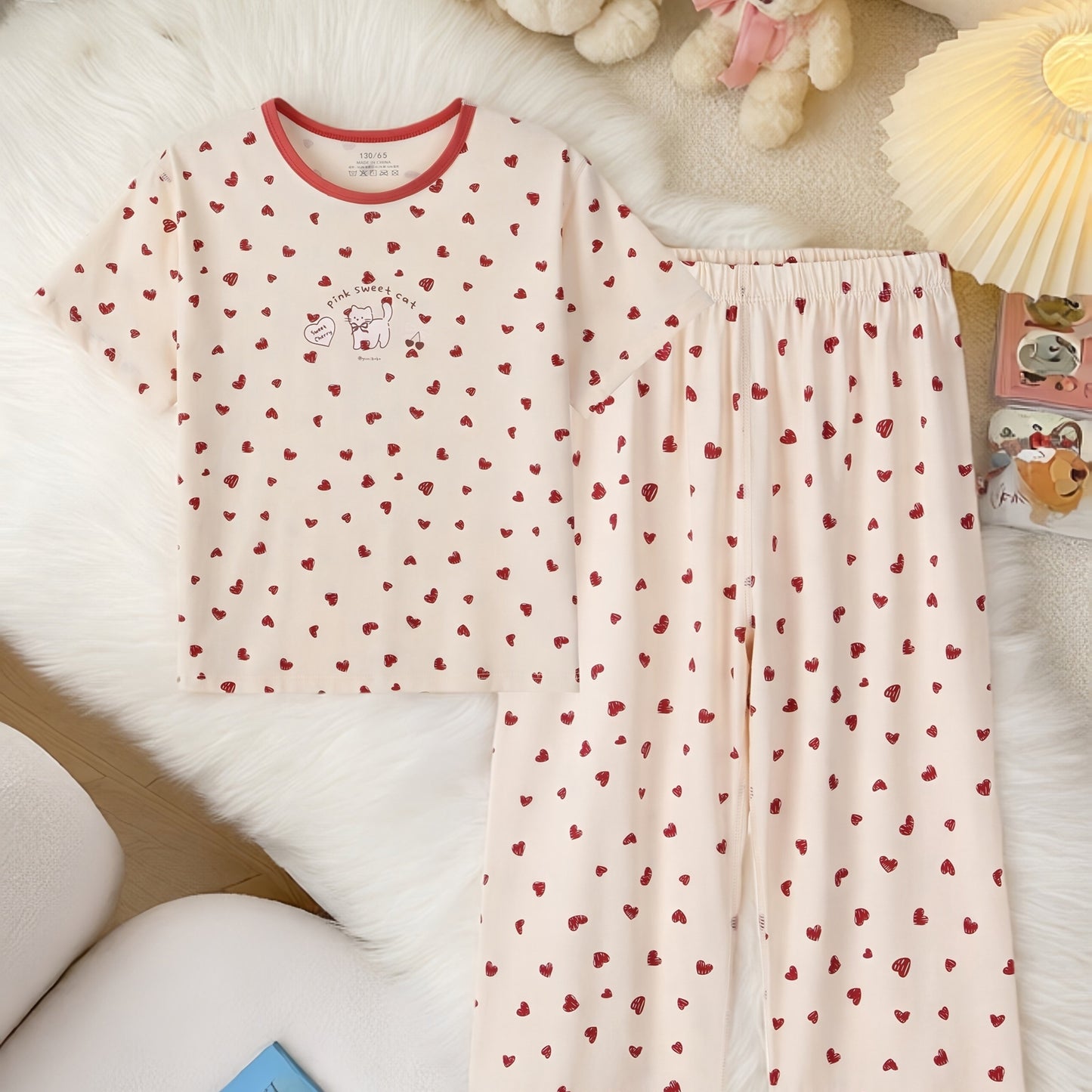 2pc Cute Kitten And Heart Print Pajamas Set For Girls Short Sleeve Sleepwear With Matching Pants Machine Washable