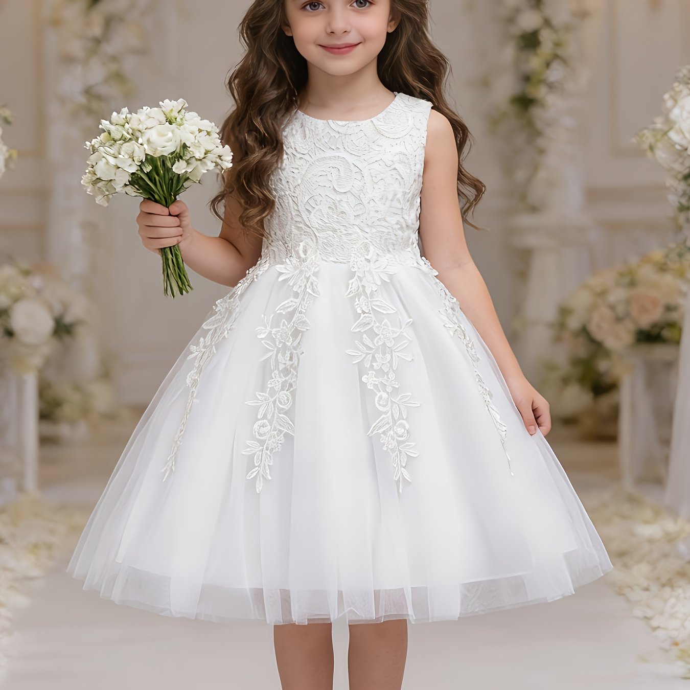 Girls Lace Embroidered Dress With Bow Waist And Mesh Skirt