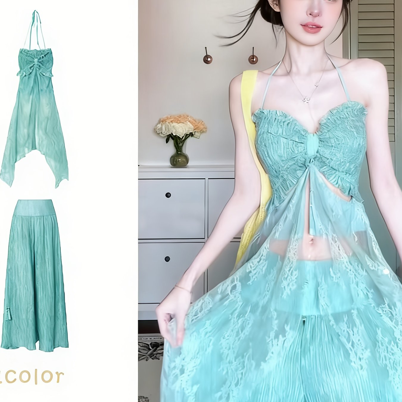 Cool-toned Halter Neck Camisole Dress | Mint Green Lace Sheer Waist-Cinching Maxi Dress, Soft Vibe Atmosphere Outfit, Asymmetrical Long Two-Piece Set, Ideal for Spring/Summer Vacation