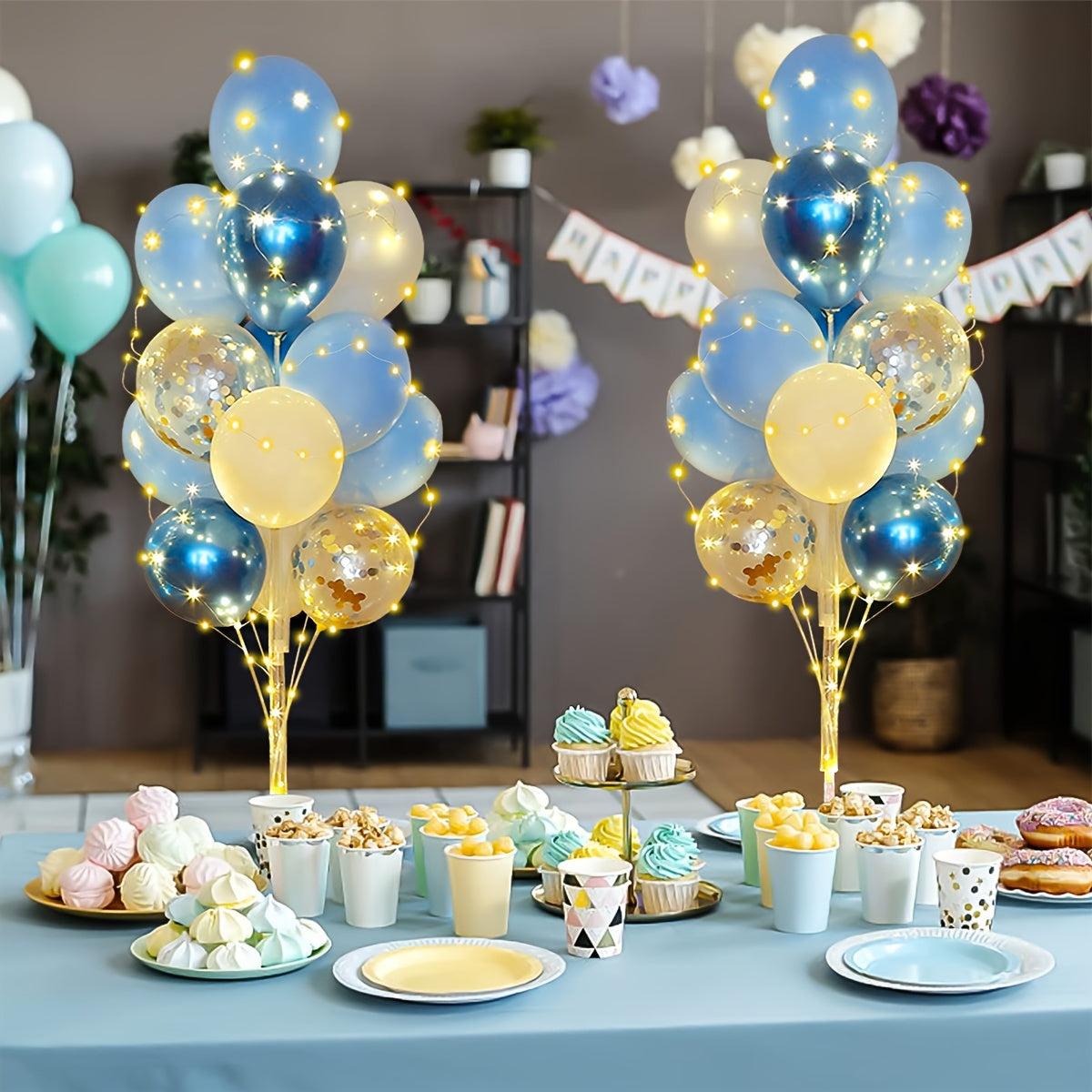 Balloon holder set with lights for floor, 2 sets of blue centerpiece balloon holders for weddings, birthday parties, take off parties