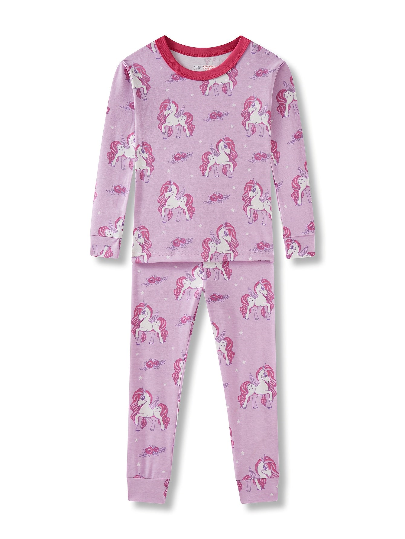 Youngsters'S Long-Sleeved Long-Pants Pajamas for Girls Aged 2-8 Years Old, Youngsters'S Tight-Fitting Pajamas, Air-Conditioned Clothes, Spring, Summer And Autumn New Light Purple Cute Cartoon Pony Unicorn Random Print Pattern