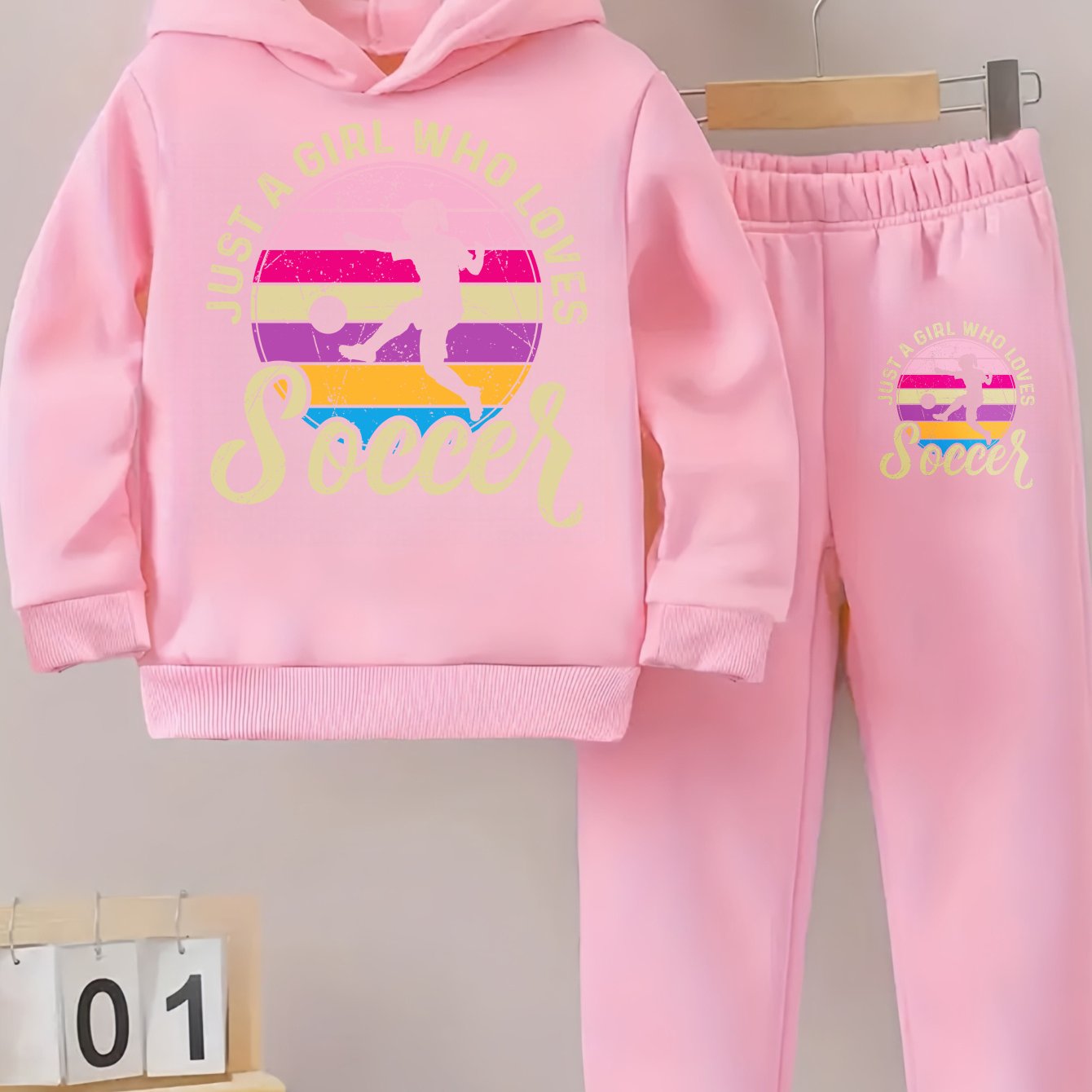 Girls Hoodie and Pants Set - Soccer Graphic Outfit with Hood, Long Sleeve Matching Tracksuit, Soft Pink & Black Soccer Print, Warm Casual Sportswear for Soccer Practice, Games, Casual Attire - Girls' Athletic Clothing, for Ou