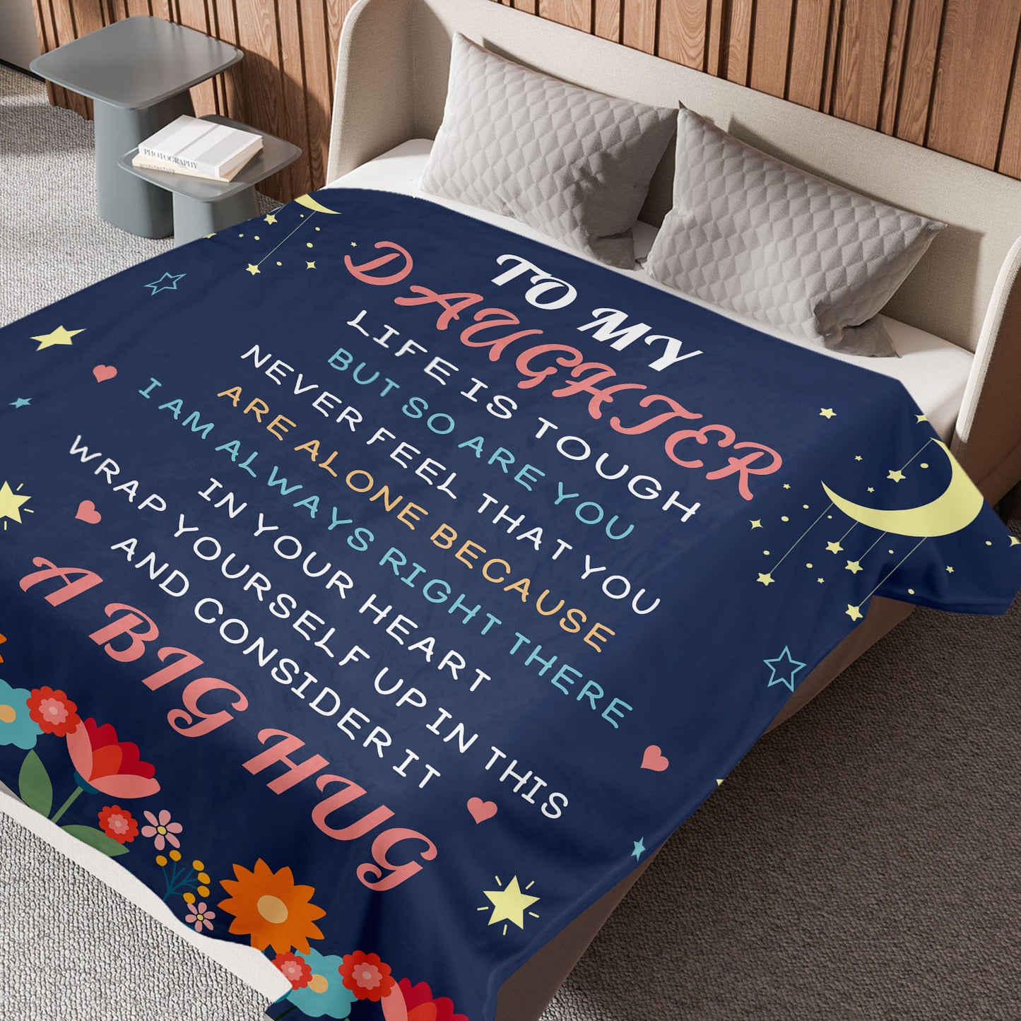 To My Daughter Blanket Moon Stars Floral Accents Soft Cozy Throw For Bed Dorm Gift For Teens Girls Graduation 280GSM