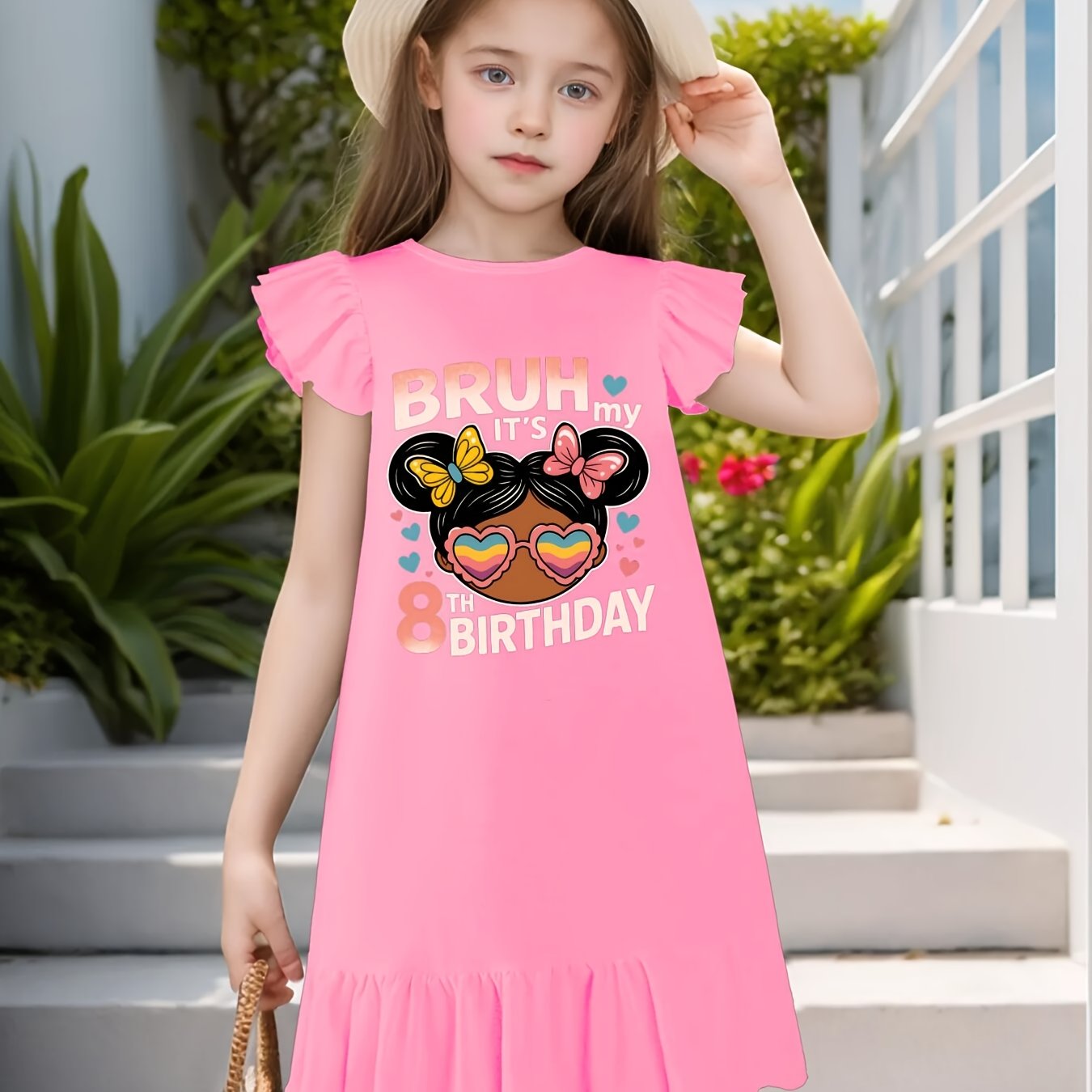 Bruh Its My 8th Birthday Messy Bun 8 Years Old Girls Dress with Flutter Sleeves - Sleeveless Dress for Girl Kid