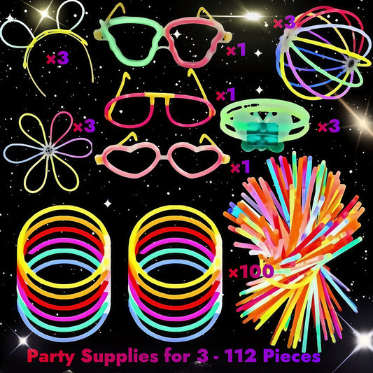 New Release Promo! 122pcs Glow Stick Party Kit For 3- Includes 100 Ultra Bright 8" Glow Sticks, Glasses, Headbands, Balls & Connectors -Glow In The Dark Party Supplies For Birthday, Halloween, Camping