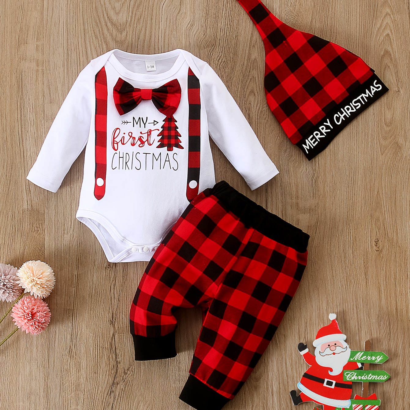 KUKITTY My First Christmas Baby Boy 3 Piece Jumpsuit Outfit