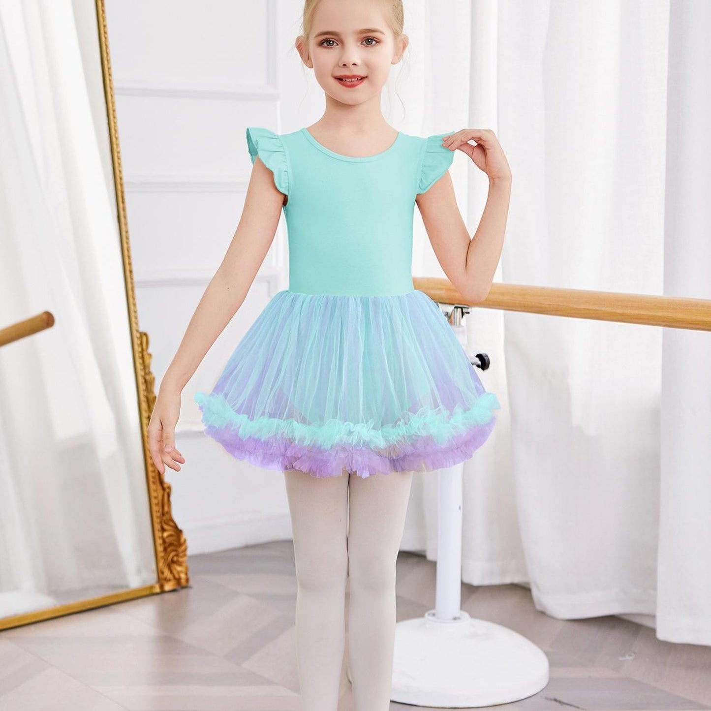 Girls' Ballet Tutu Dance Dress with Cross-Back Design & Ruffled Sleeves - White A-Line Leotard for Ballet, Gymnastics, Recitals - All-Season Comfort, Round Neck, Solid Color, Ballet Dress, Gymnastics Attire, Elegant Dancewear