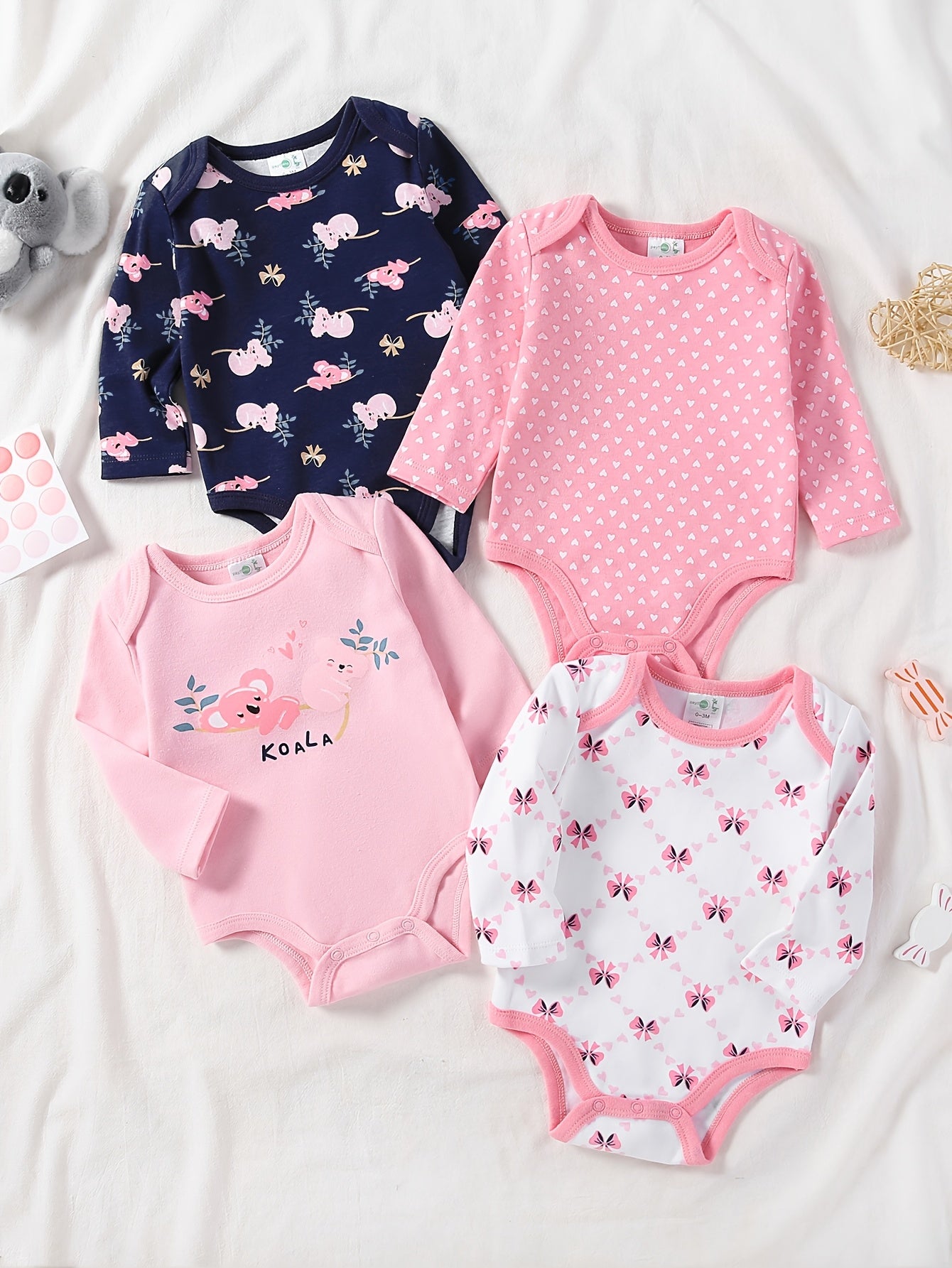 4pcs Set Baby Girl First Year Outfits - Cute Koala & & Ladybug & Flamingo Rompers, Long Sleeve Snap-Fit Jumpsuits, All-Season Clothes (0-12 Months), Machine Washable Wear, Perfect for Outdoor