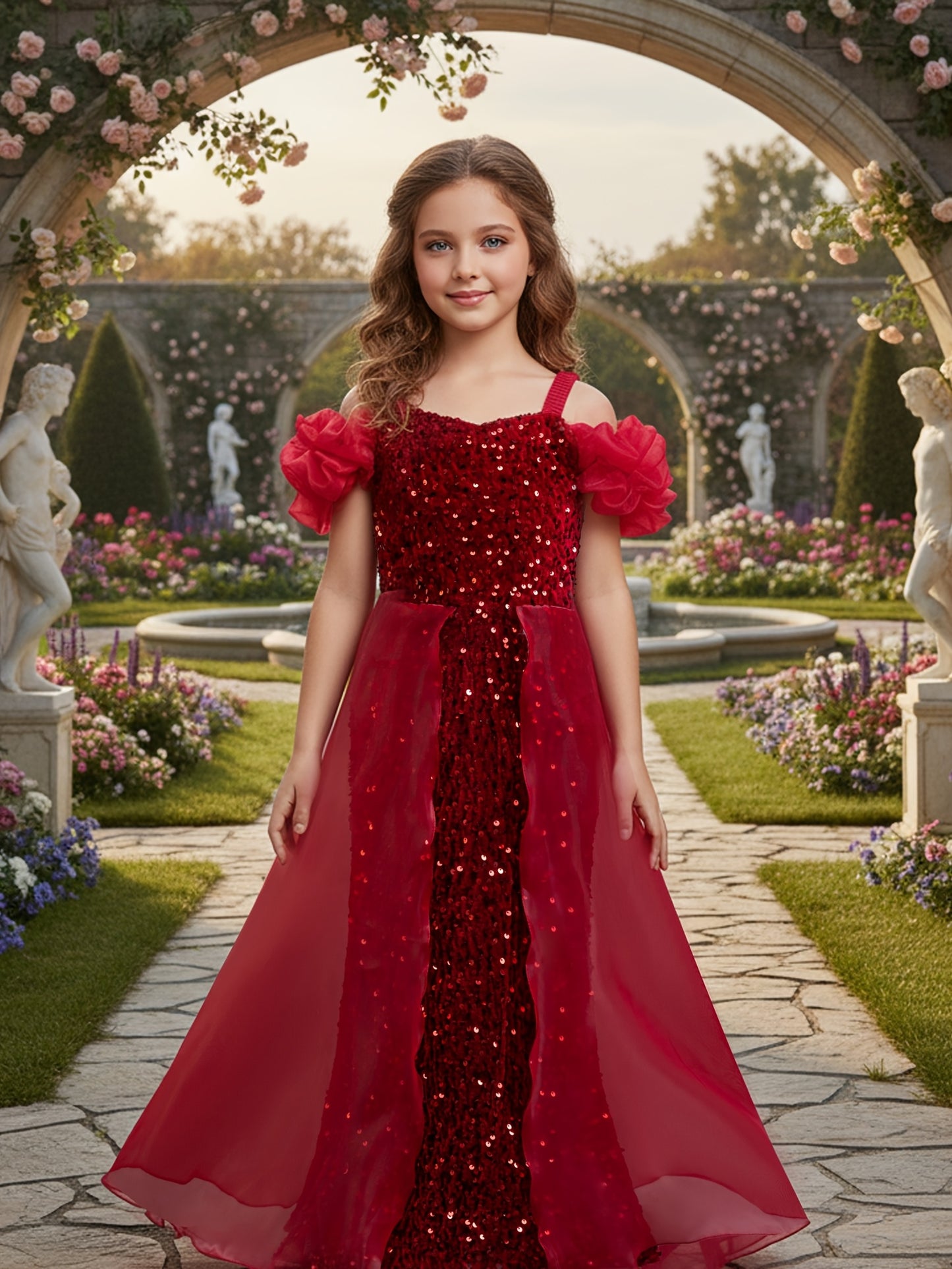 Girls Princess Gown With Off-Shoulder Puff Sleeves Tulle Train