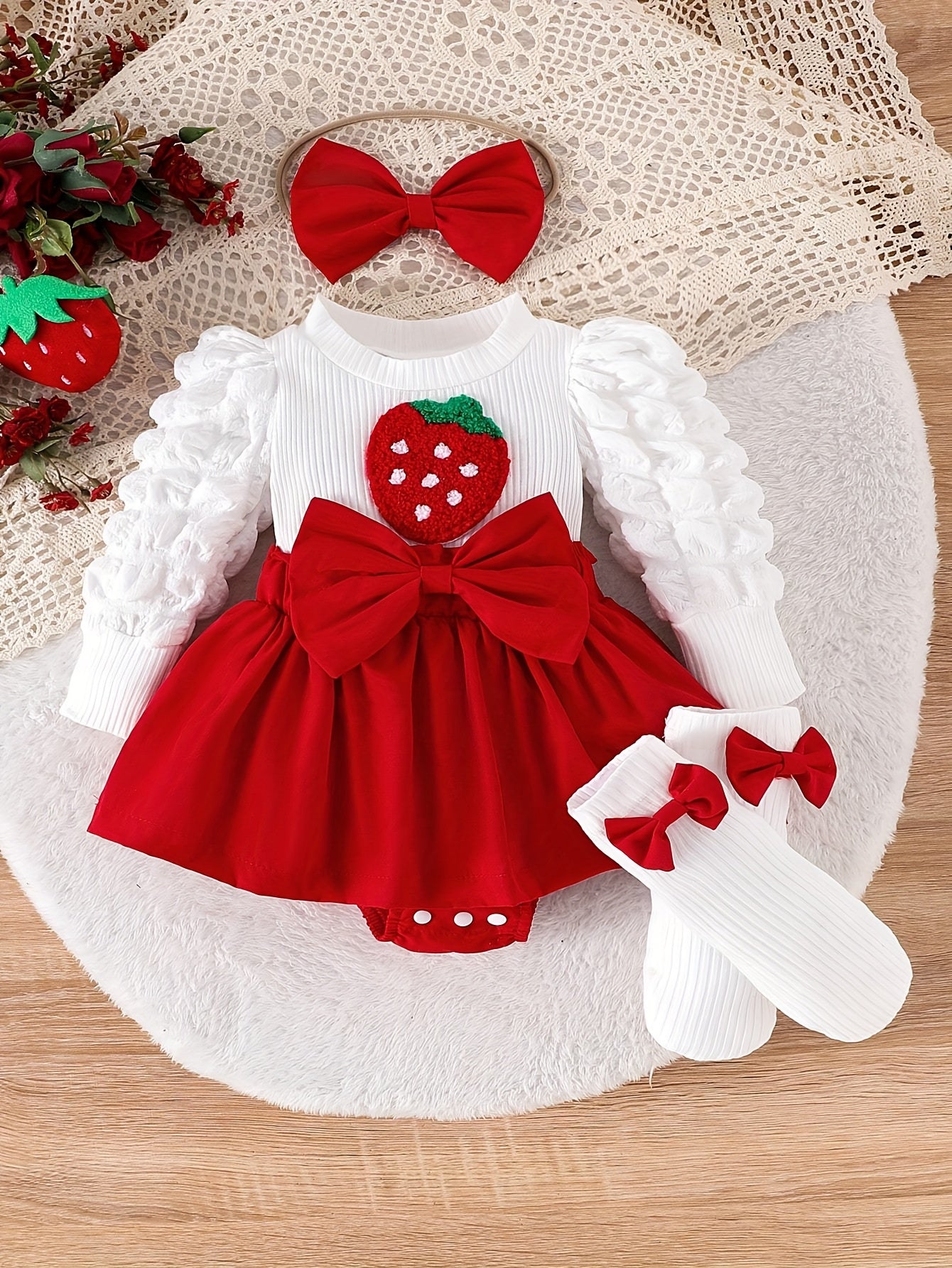 4pcs Baby Girl Adorable Strawberry Embroidered Big Bow Faux Two-Piece Bubble Sleeve Romper Set with Headband And Socks, Perfect for Outdoor