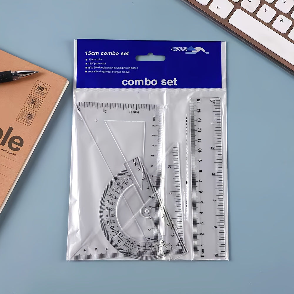 4pcs set of transparent plastic rulers, a geometric figure set, with inch and metric measurements, suitable for teaching and office use.