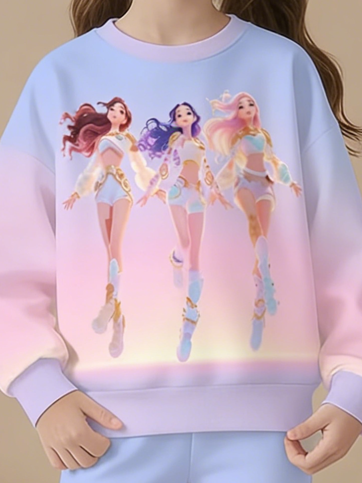 Girls' Fashionable Flared Pants Set | Round Neck Hoodie and Pants, Finely Crafted, Machine Washable, K-POP Trendy Print, Breathable and Comfortable, Suitable for Outdoor Sports, Perfect Choice for Girls