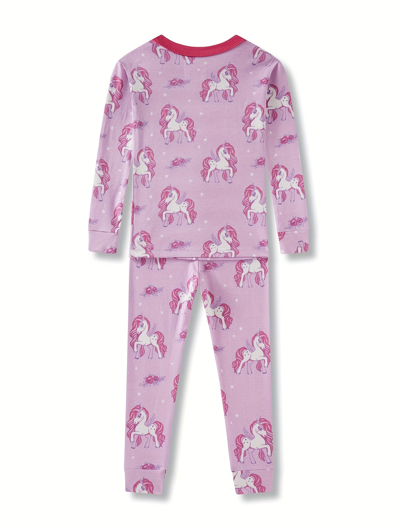 Youngsters'S Long-Sleeved Long-Pants Pajamas for Girls Aged 2-8 Years Old, Youngsters'S Tight-Fitting Pajamas, Air-Conditioned Clothes, Spring, Summer And Autumn New Light Purple Cute Cartoon Pony Unicorn Random Print Pattern