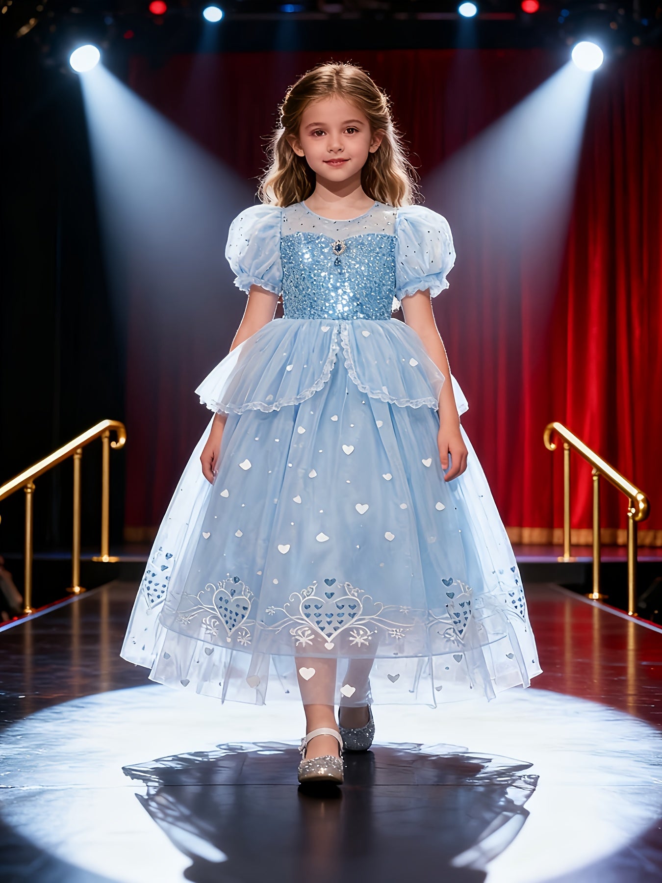 Woodland Ice Blue Kids' Princess Dress | Sequin Puff Sleeves, Heart Embroidery Tulle Puff Skirt, Elegant Non-Stretch Fabric, Perfect for Spring/Summer/Fall, Includes Cape for Birthday Catwalk & Party Gatherings