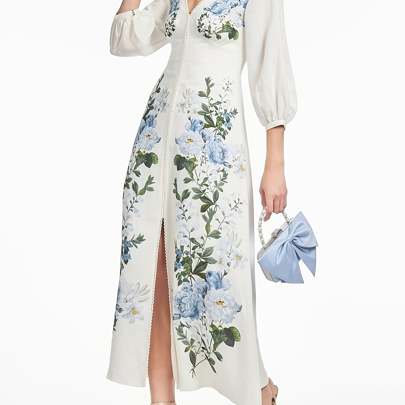 Women's V-neck Floral Print Lantern Sleeve Dress with Slit And Fitted Waist, Stylish And Elegant Midi Dress Suitable for Both Work And Parties.