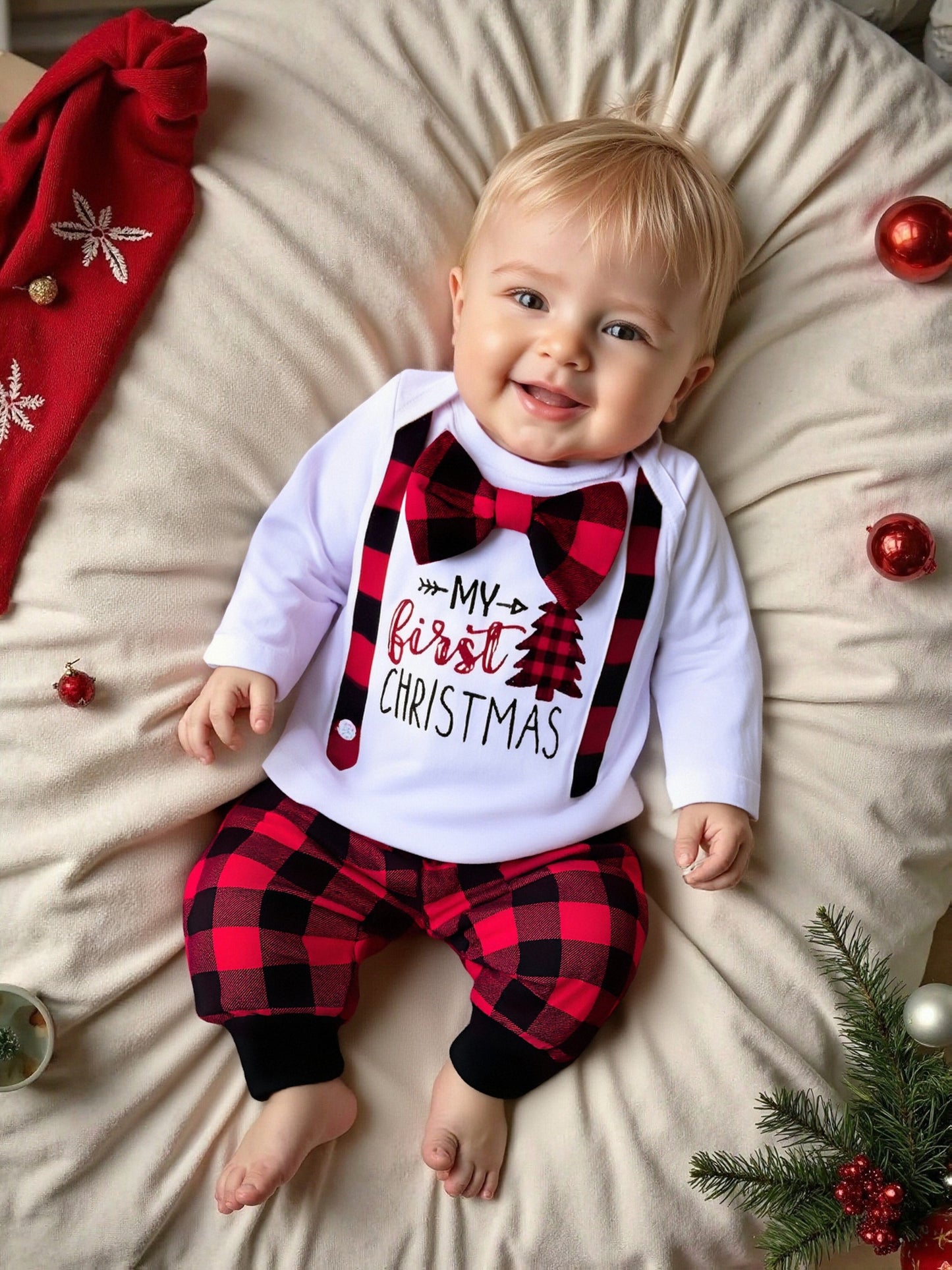 KUKITTY My First Christmas Baby Boy 3 Piece Jumpsuit Outfit