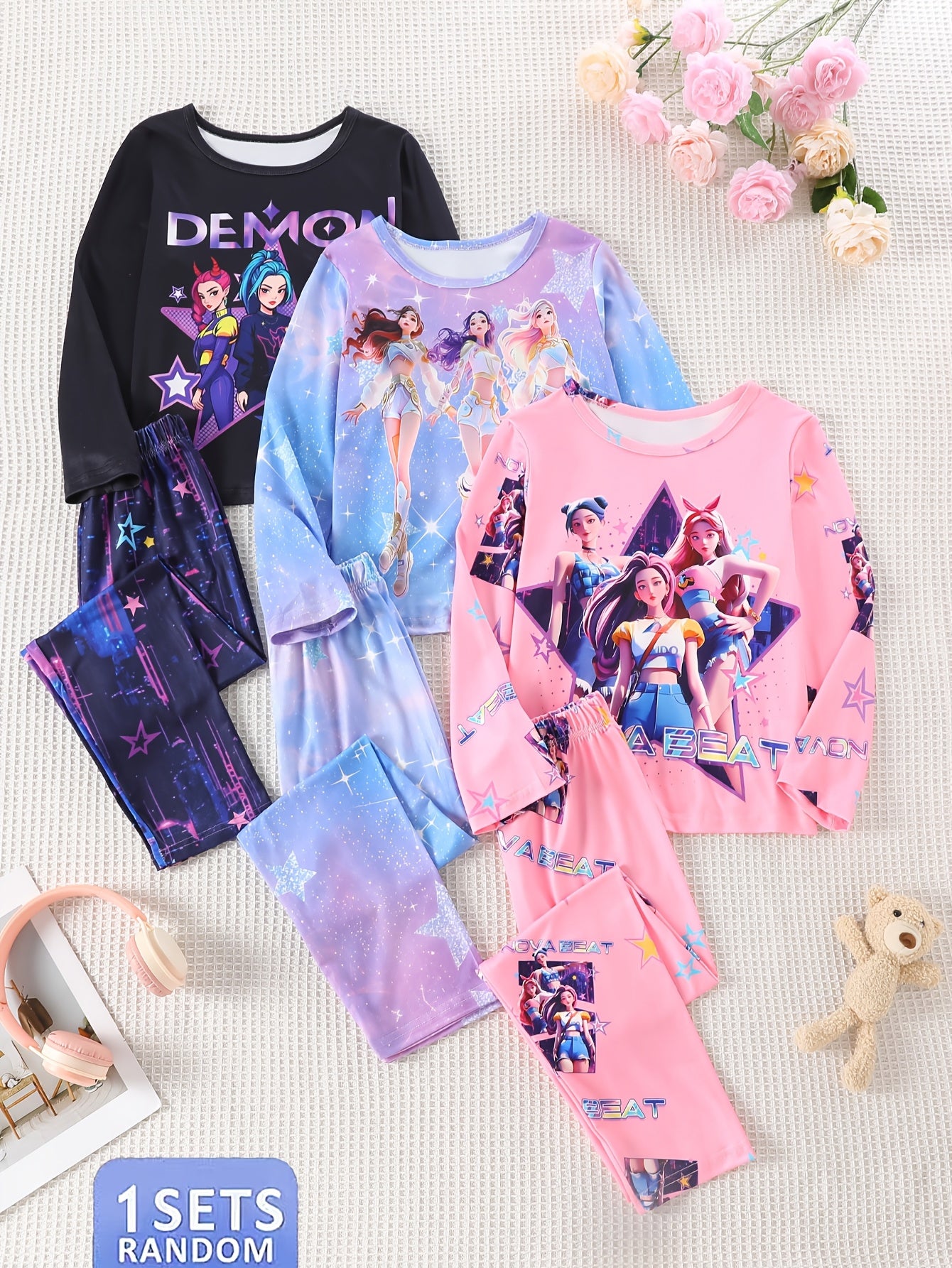 Girls Kpop Style Print Home Wear Set Crew Neck Short Sleeve T Shirt And Shorts
