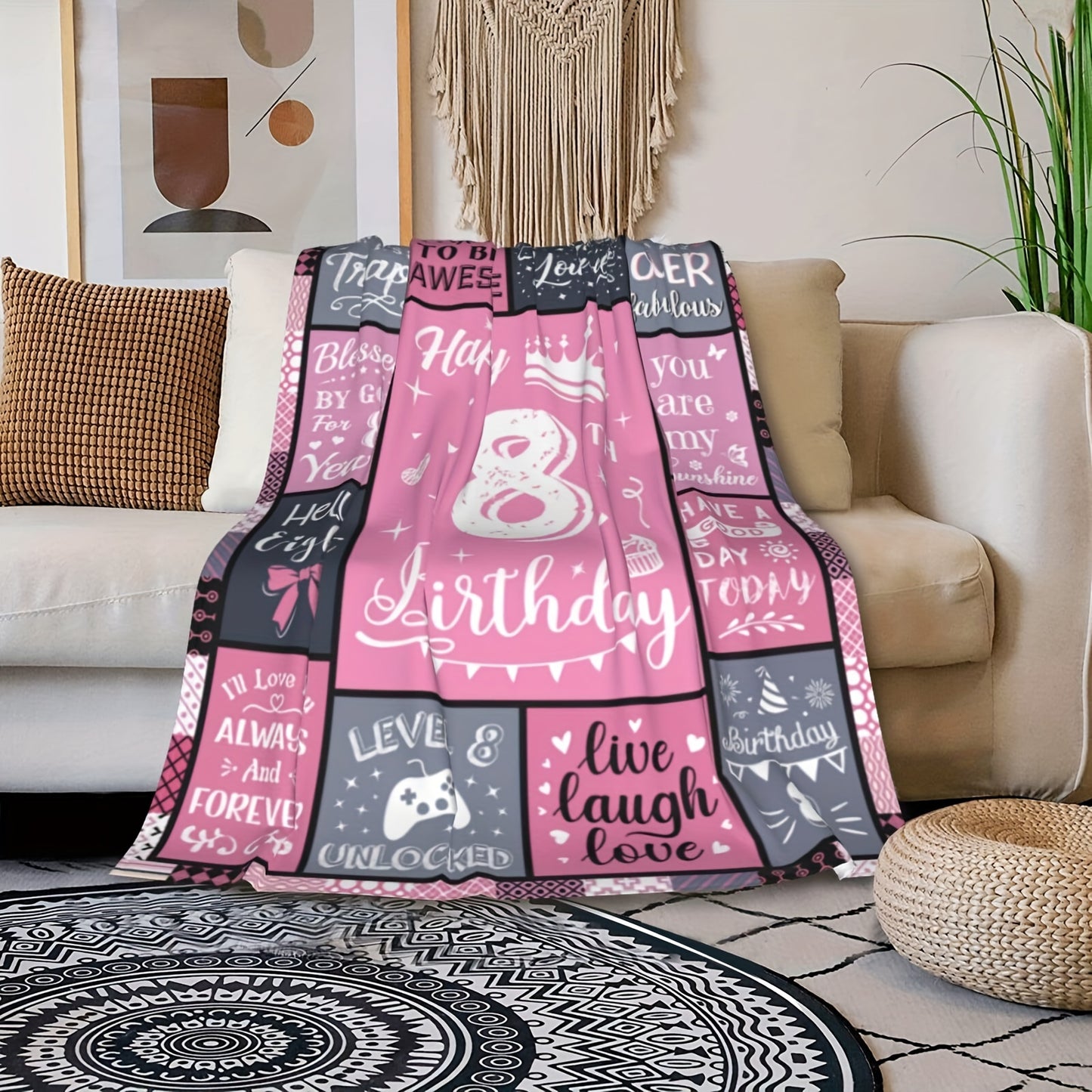 8th Birthday Blanket - Cute & Cozy Flannel Throw with Number 8 & Birthday Phrases, Pink & Girls/Boys Bedding for Pet Beds & Teen Girls/Boys, 280gsm All-Season Soft Gift for 8 Year Olds, Machine Washable Birthday Party Decor