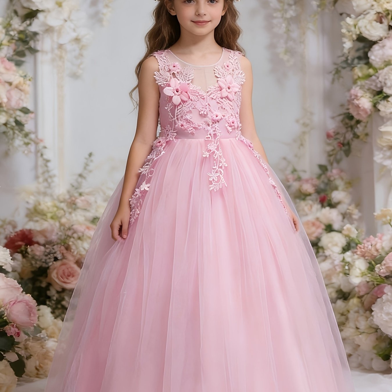 Girls Luxury Princess Dress With 3D Floral Lace Embroidery