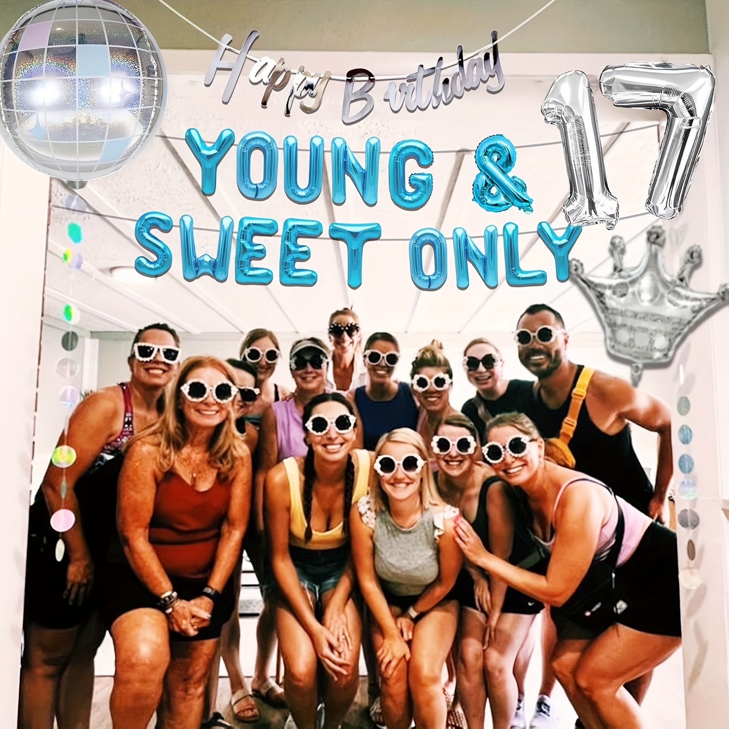 LaVenty 26pcs Silvery Blue Youthful and Sweet Birthday Decorations, Youthful and Sweet Banner with Dancing Queen, Disco Balloons in Rose Golden, Birthday Banner with Crown Queen Balloons