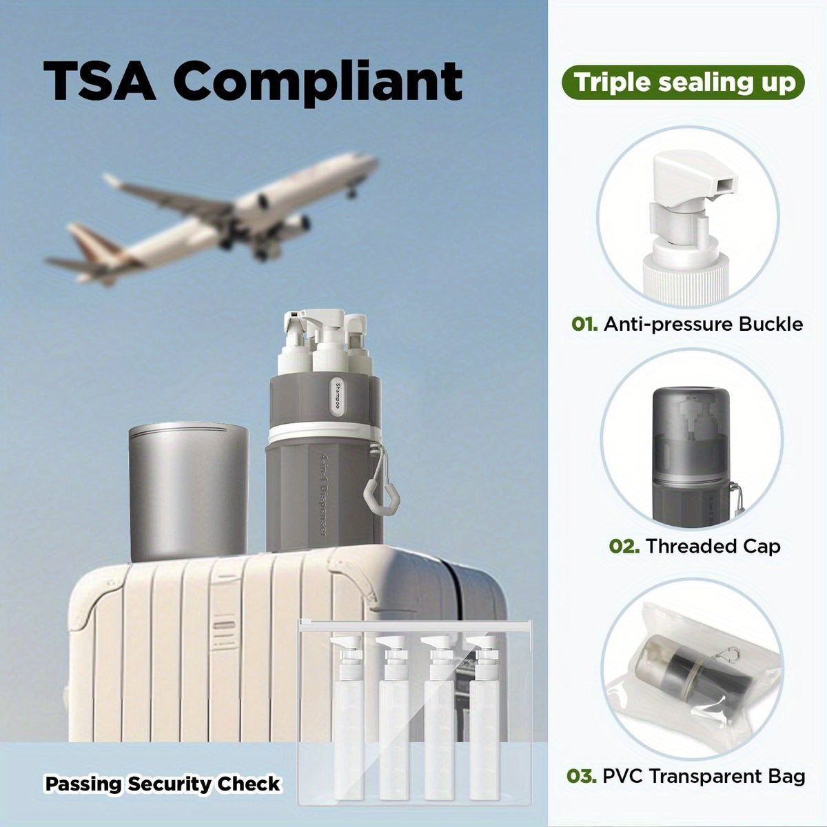 YOTIME 4in1 Travel Bottles Set, Vacuum Suction Cup for Smooth Walls, TSA Approved Leak Proof Travel Size Containers for Toiletries, Shampoo, Body Wash and Conditioner, Gray, Travel Toiletry Containers, Toiletry Organization,