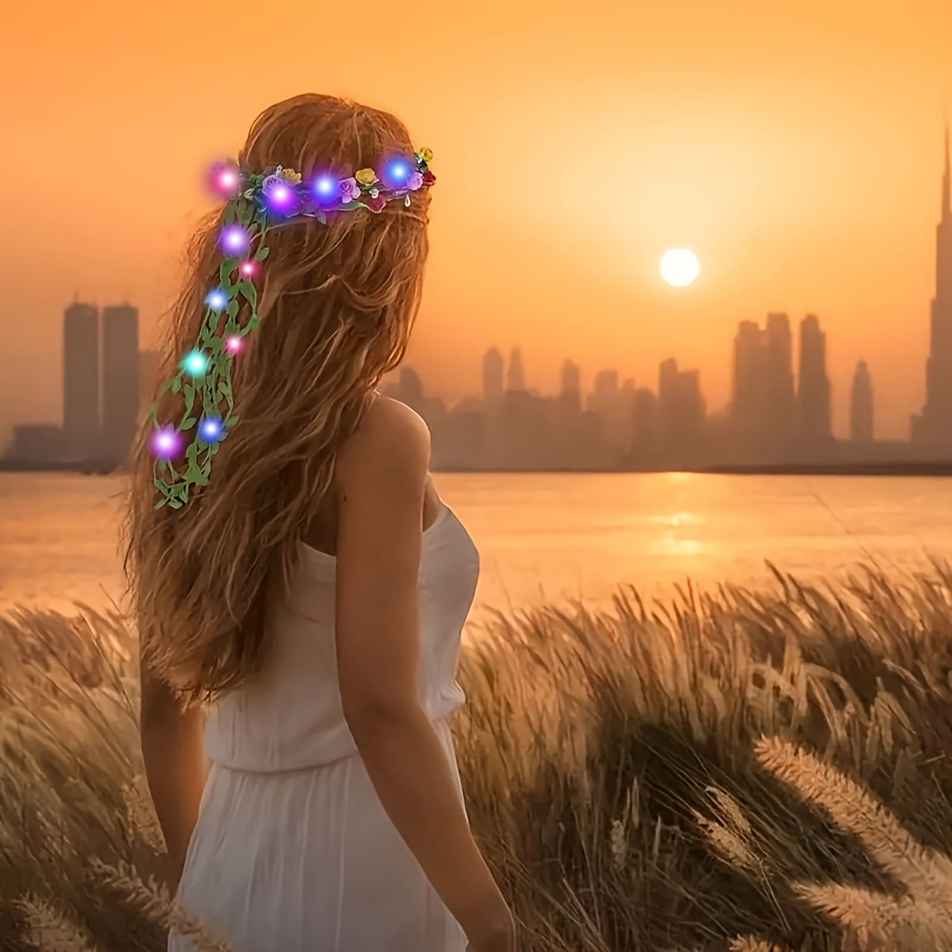 [Bohemian LED Flowers] 20pcs Bohemian LED Flowers with Braided Headband - Green Rattan & Paper Flowers (Random Color) - for Wedding, Party, Cosplay, Christmas, Birthday, Holiday, Photography, Camping, Glow, Concert