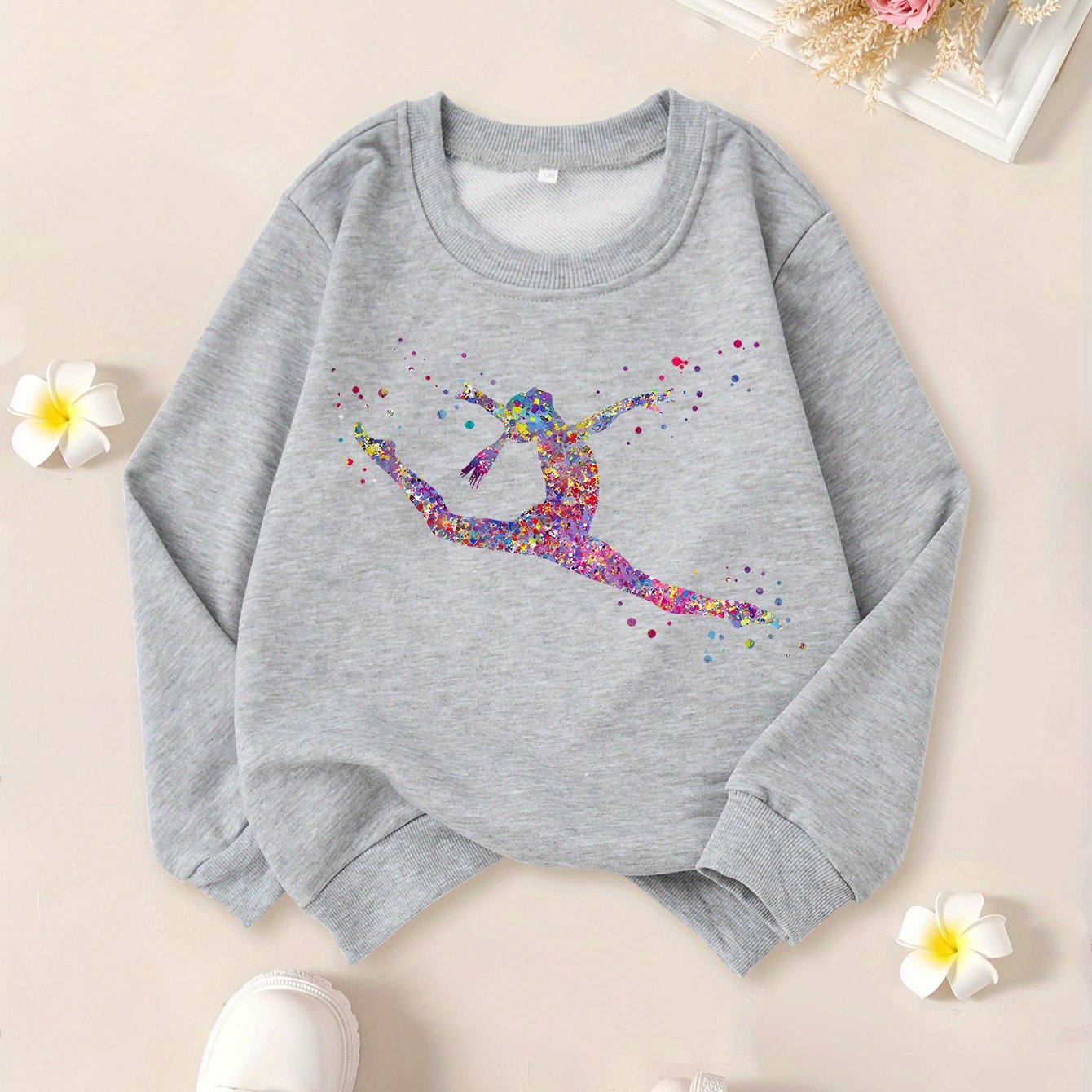 Girls' "Watercolor Gymnastics Girl" Graphic Print Sweatshirt - Black Long Sleeve Crew Neck Casual Top with Colorful Dancer Design, Perfect for Fall & Winter Wear, Gymnastics Apparel | Playful Graphic Sweatshirt | Comfortable