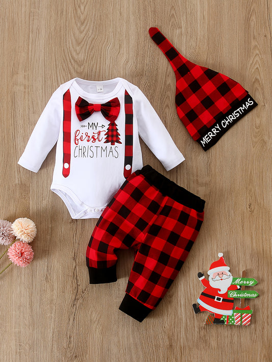 KUKITTY My First Christmas Baby Boy 3 Piece Jumpsuit Outfit