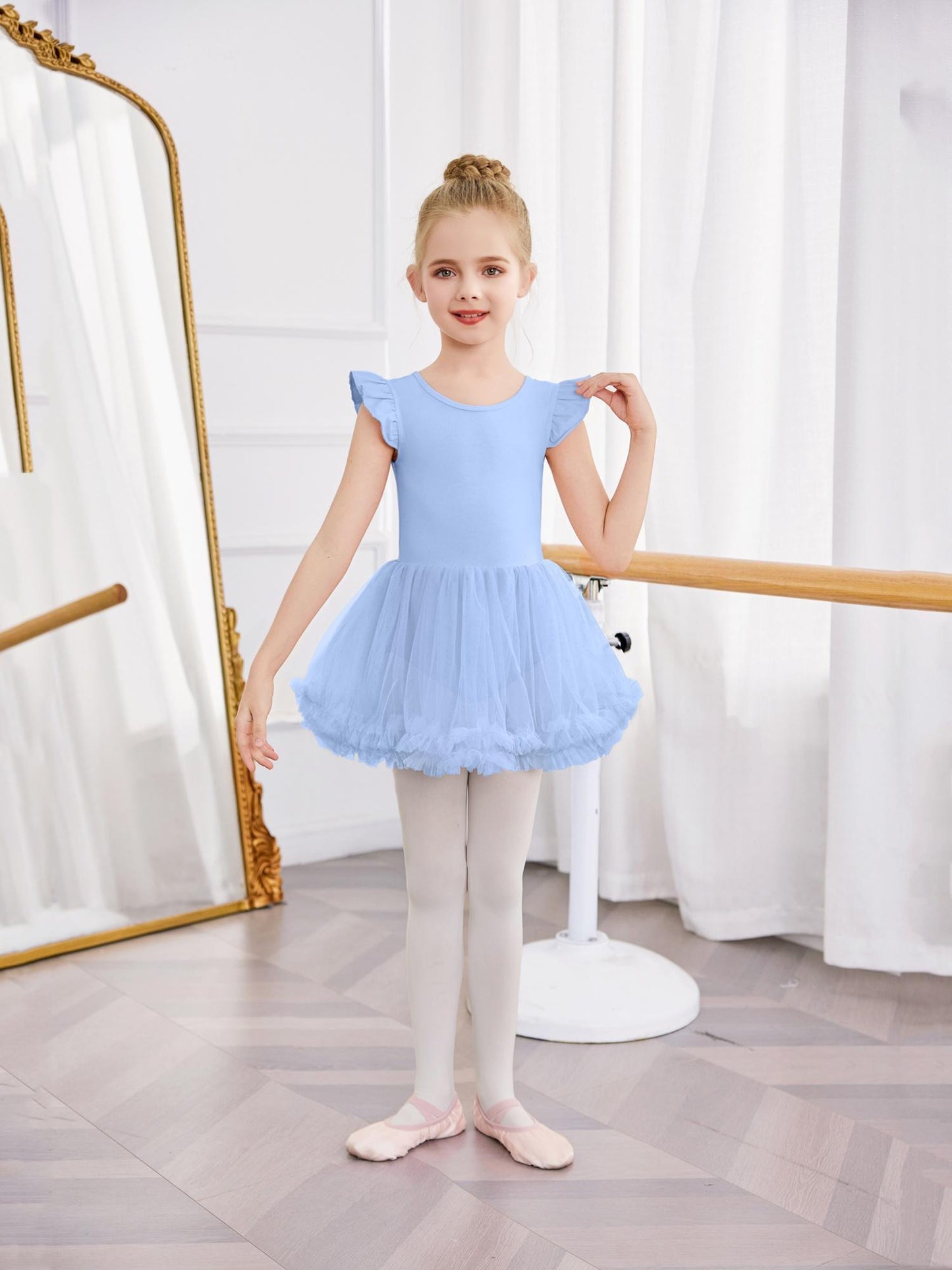 Girls' Ballet Tutu Dance Dress with Cross-Back Design & Ruffled Sleeves - White A-Line Leotard for Ballet, Gymnastics, Recitals - All-Season Comfort, Round Neck, Solid Color, Ballet Dress, Gymnastics Attire, Elegant Dancewear