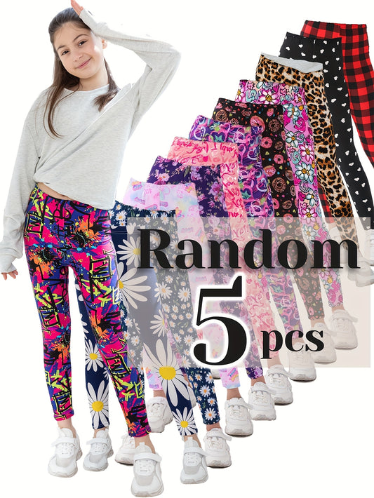 5pcs Girls' Ultra-Soft Stretchy Leggings with Assorted Cute Prints (Cows, Unicorns, Princesses, Dancers) - 9/10th Length Tight Pants for Dance, Play & Casual Attire - - & ' Activewear 5pcs-Mix-Design-By-Random-Prints