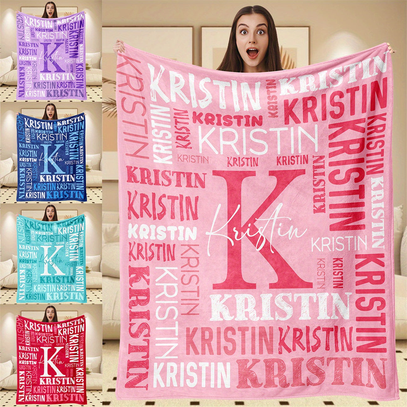 Personalized Name Throw Blanket - Extra Large or Standard - Soft & Breathable Flannel - All-Season Luxury - Bold Lettering (Pink, Blue, Purple, Red, Turquoise, Black, White, Grey, Beige) - Ideal Gift for Women, Girls, Boys -