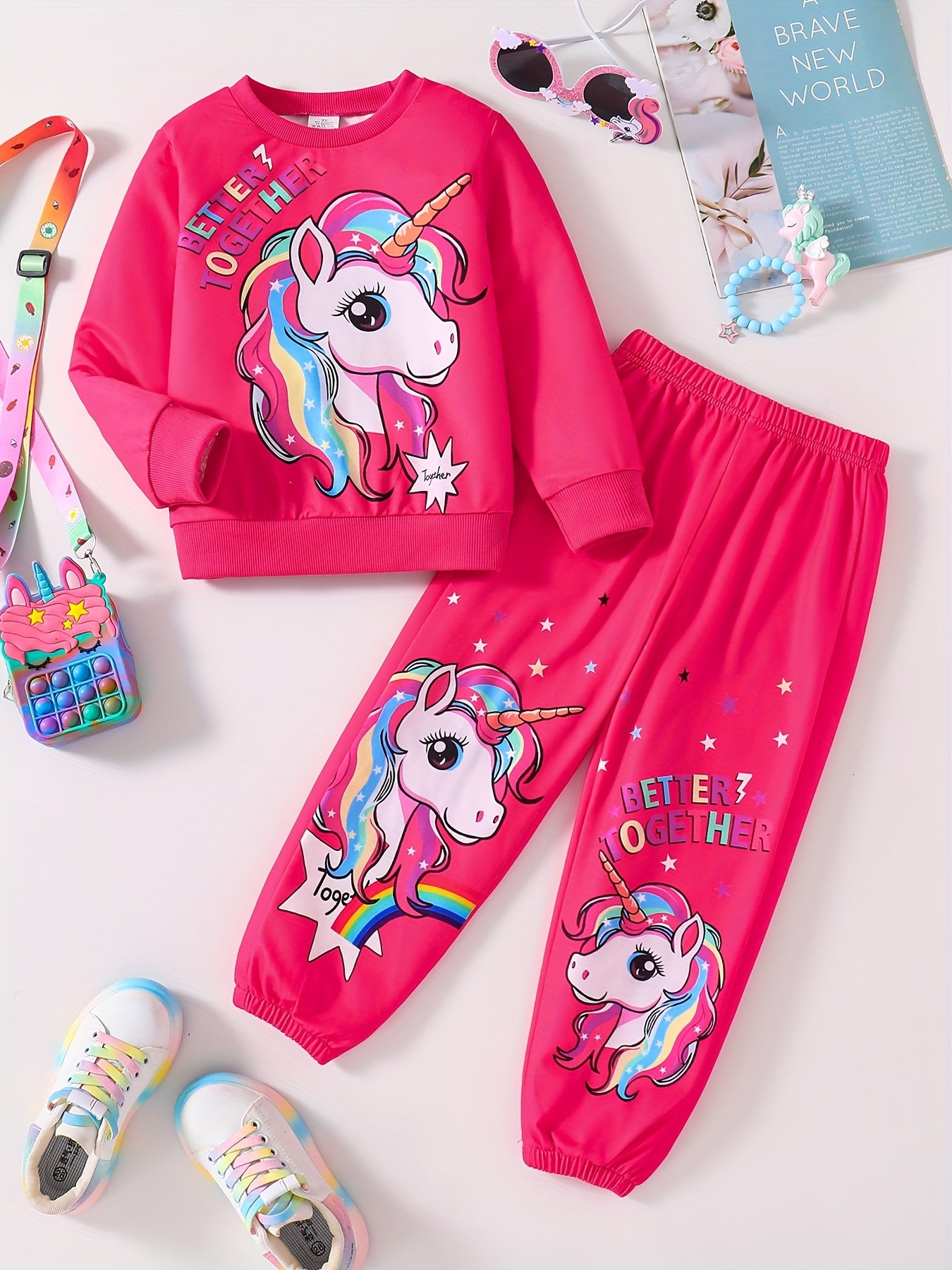 [Soft Girls' Two-Piece Set] Comfortable & Soft Two-Piece Set for Girls | Long-Sleeve Rainbow Horse & Star Print Sweatshirt with Elastic Waist Jogger Pants - Fashionable Activewear for Sweet Street Style & Outdoor Casual Wear