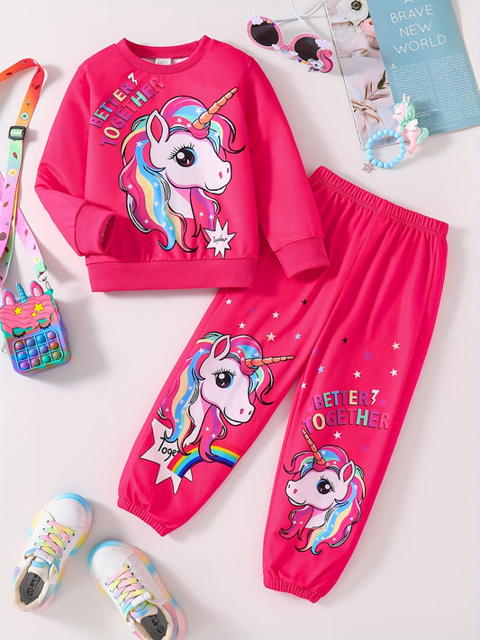 [Soft Girls' Two-Piece Set] Comfortable & Soft Two-Piece Set for Girls | Long-Sleeve Rainbow Horse & Star Print Sweatshirt with Elastic Waist Jogger Pants - Fashionable Activewear for Sweet Street Style & Outdoor Casual Wear