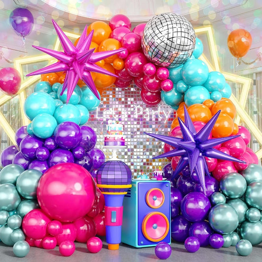 117pcs Balloon Arch Kit With 22 Inch Metallic Green And Hot Pink Purple Balloons Myra Star Foil Balloons 80s Party Decor