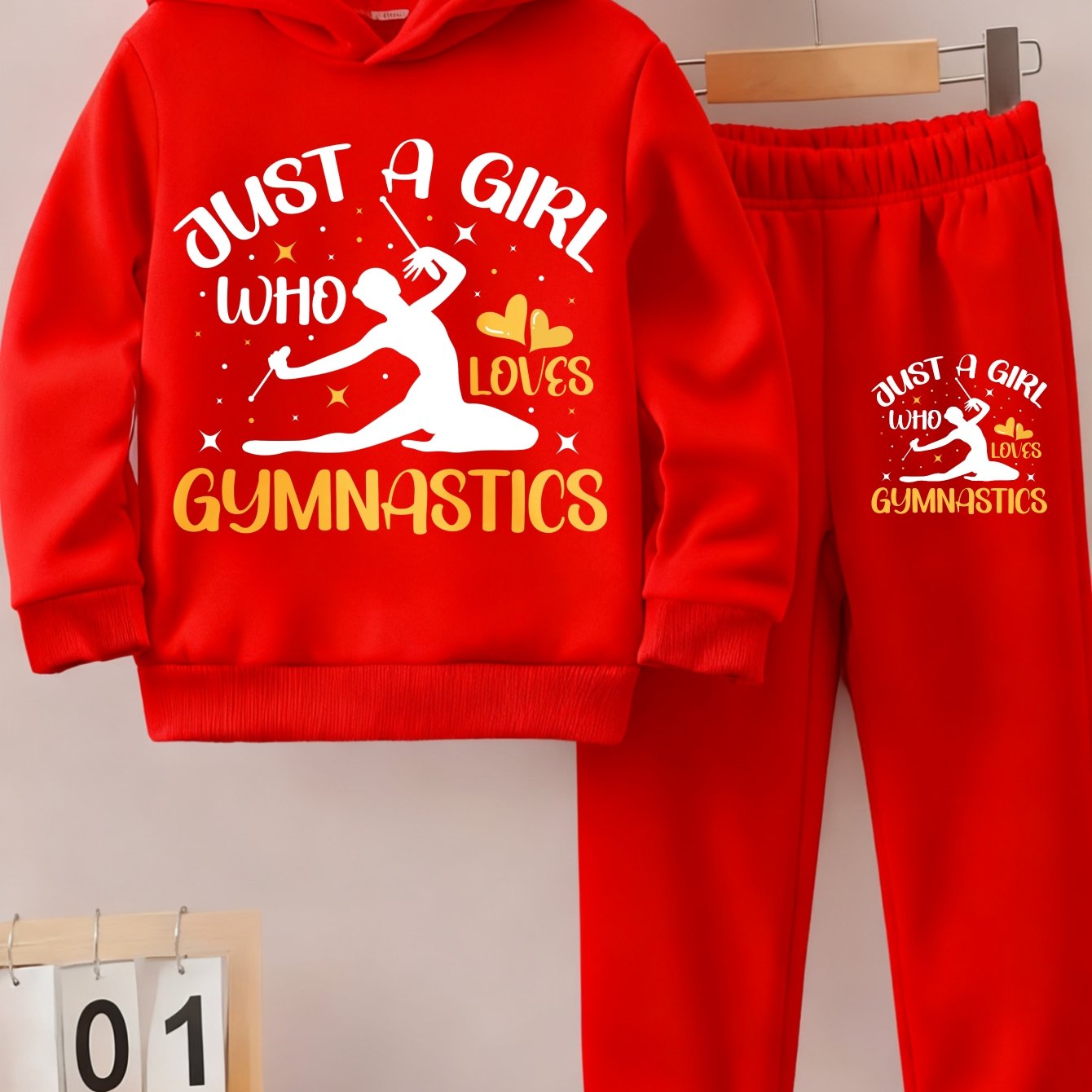 Girls Hoodie and Pants Set Black Just A Girl Who Loves Gymnastics Print Casual Outfit for Gymnastics Practice and Daily Wear, Perfect for Outdoor
