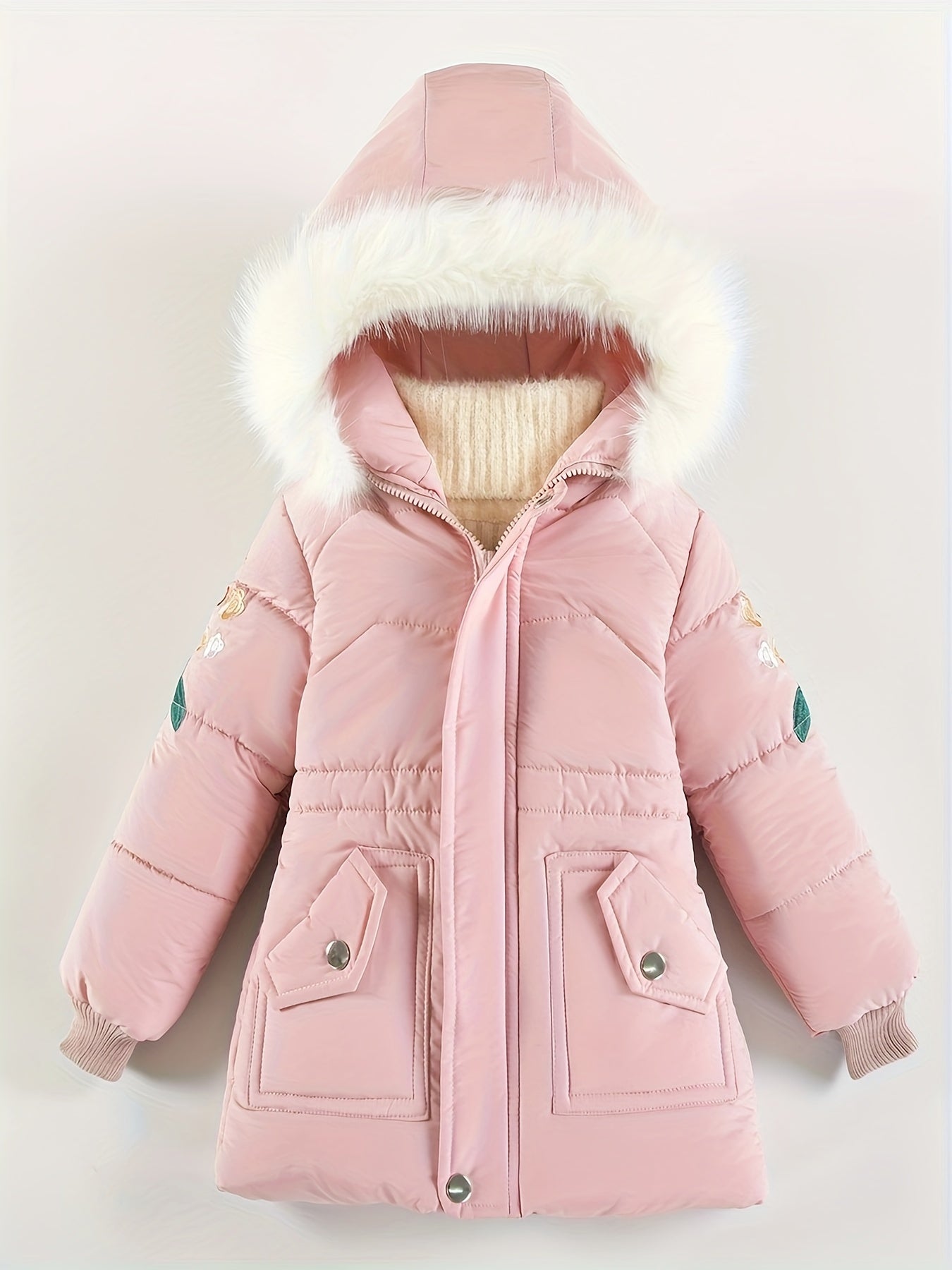 [Pink Winter Parka] Winter Pink Girls' Parka | Thickened Warm Jacket with Faux Fur Hood, Zip-Up Outerwear, Polyester, Machine Washable, 3-7Y, Cozy Youngsters Outerwear, Floral Winter Coat, Plush Lined Comfort